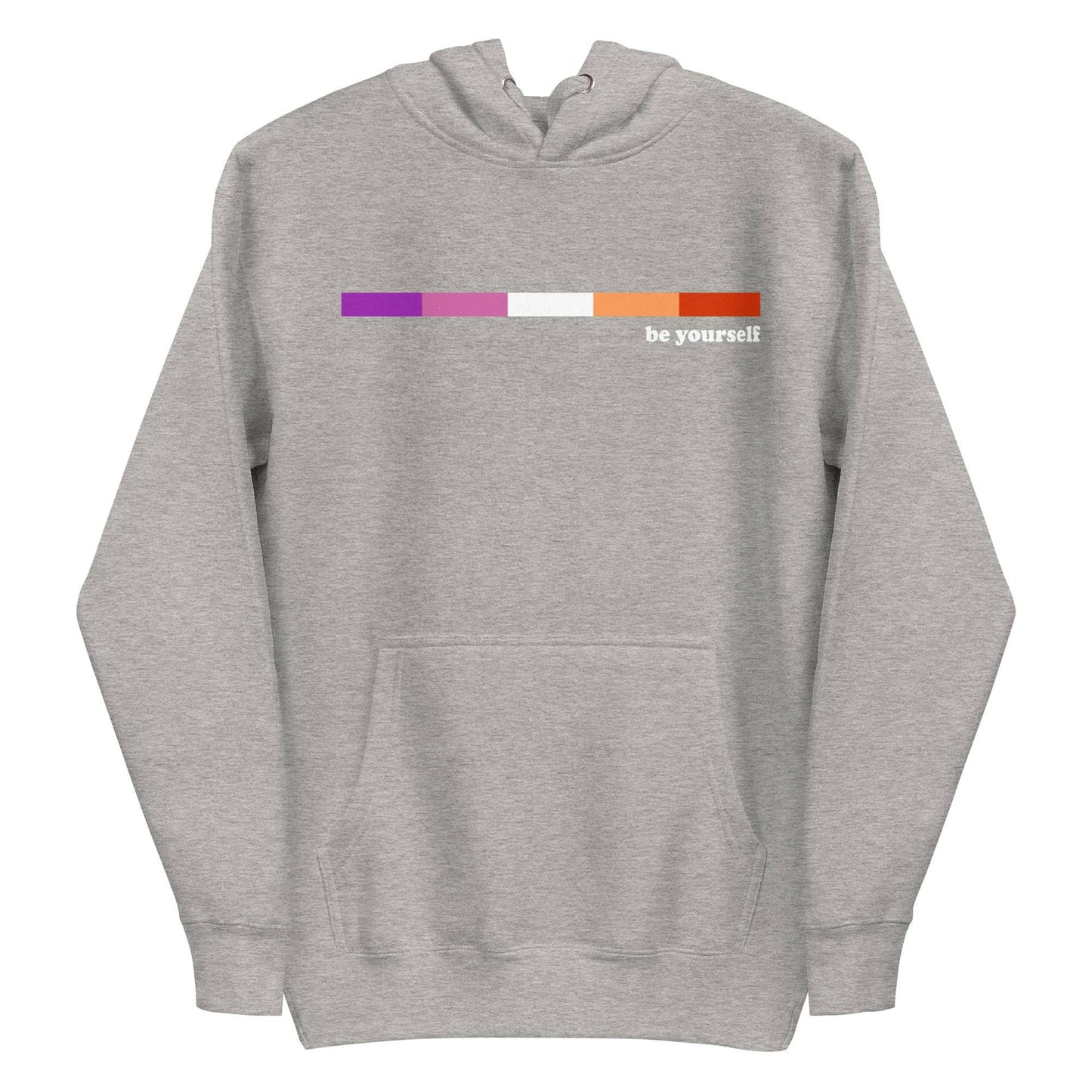 Introducing the Pridelity Lesbian Hoodie: a maroon hoodie with a front pocket, featuring a stunning pride-inspired horizontal gradient from purple to orange. "Be yourself" is elegantly displayed in white text on the right side, making it an ideal choice for individuals who celebrate diversity and embrace their unique individuality every day.