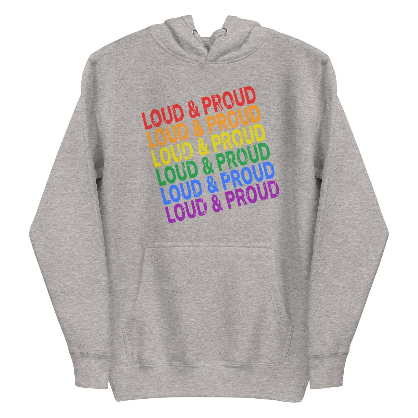 Introducing the Loud & Proud Hoodie by Pridelity: A black hoodie featuring the phrase "LOUD & PROUD" repeated in bold, eye-catching gradient letters. Ideal for those who love pride-themed apparel and wish to showcase their vibrant spirit with flair.