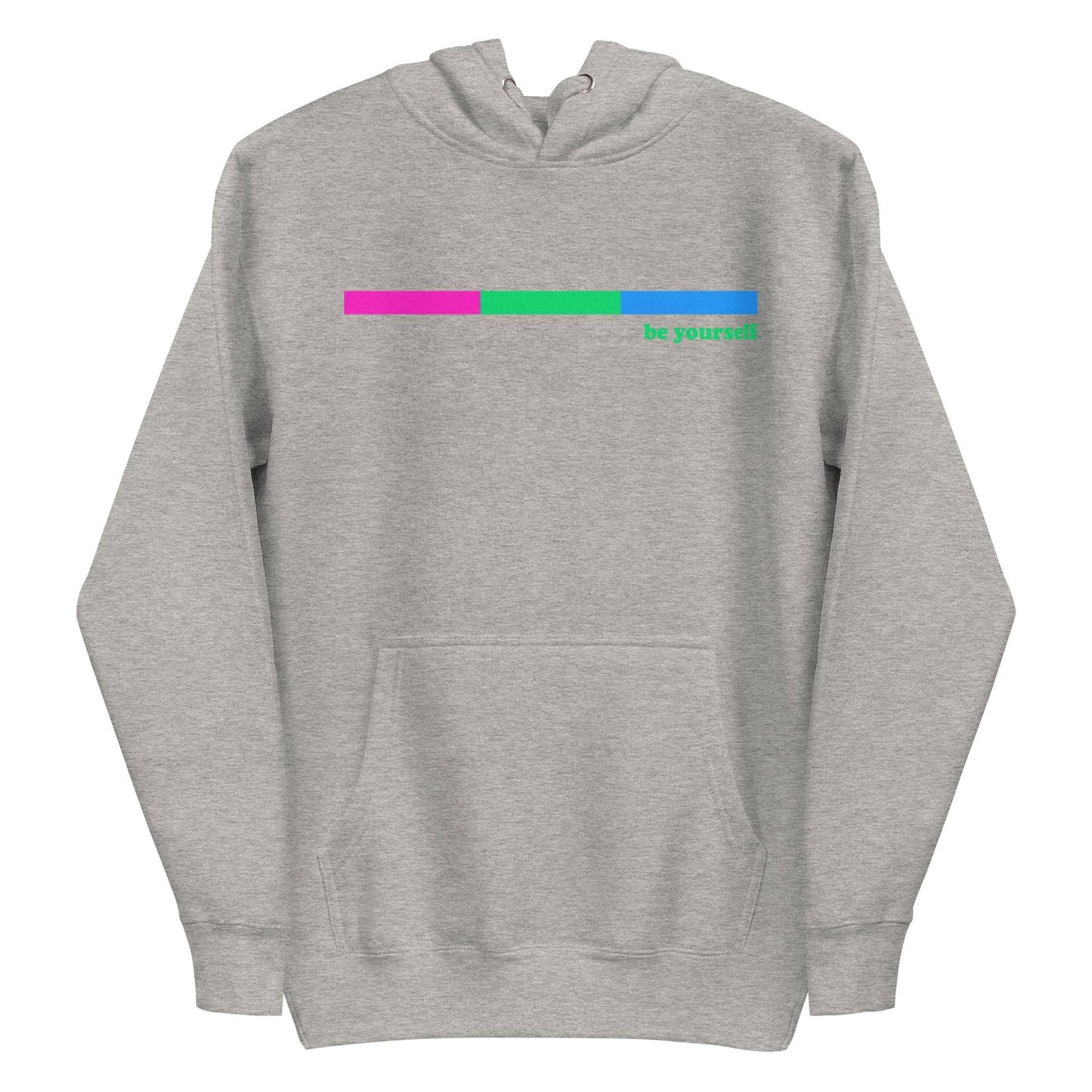 Introducing the Polysexual Hoodie by Pridelity: This black hoodie combines comfort and style with its front pocket and drawstring hood. It features a design inspired by pride shirts, showcasing a horizontal bar shaded pink and green on one side, accompanied by the phrase "be yourself" in green text on the right.