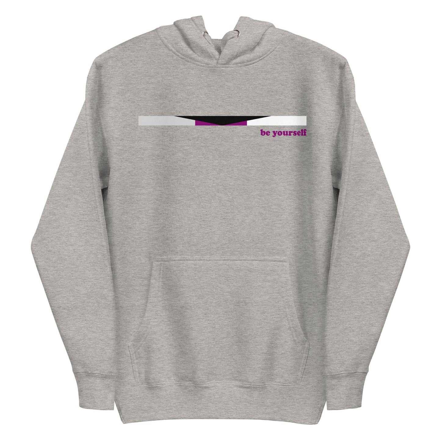 The Demisexual Hoodie by Pridelity is a stylish purple hoodie that highlights a small pride flag design across the chest, featuring black, gray, white, and purple stripes. Bold red text beside the flag reads "be yourself." It also includes a convenient front pocket and a cozy drawstring hood for ultimate comfort.