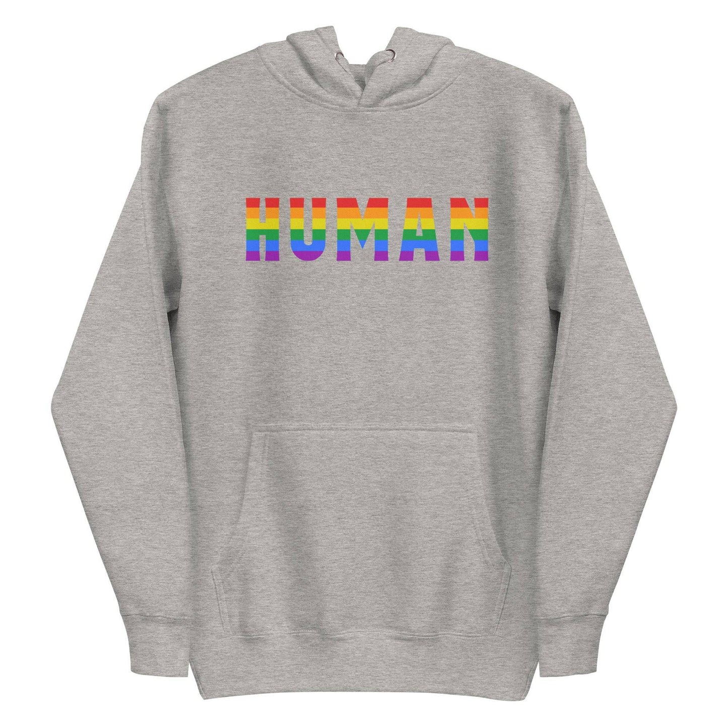 A folded Human Hoodie by Pridelity, featuring the word "HUMAN" prominently displayed in bold, rainbow-colored letters on the front. The black pride hoodie has its hood up, with untied drawstrings resting on the fabric.