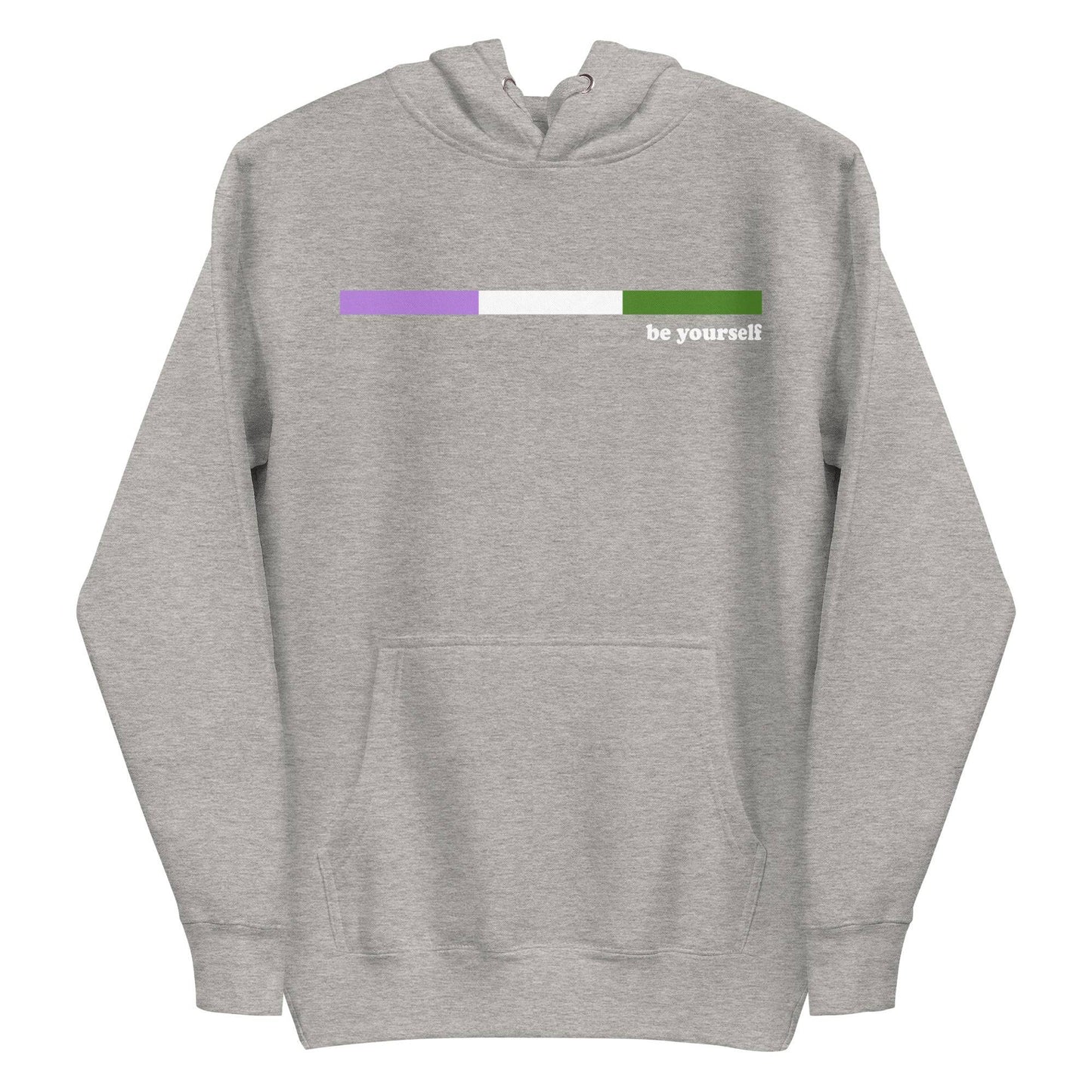 The Genderqueer Hoodie by Pridelity showcases a purple design with a genderfluid pride flag on the chest. Displaying the phrase "be yourself" in white next to the flag, it includes a front pocket and drawstring hood, making it ideal for expressing your true self in style.