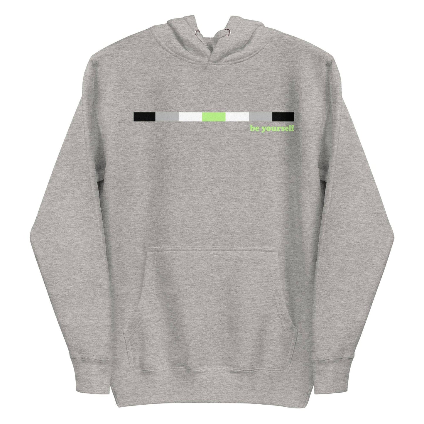 Introducing the Pridelity Agender Hoodie: a navy blue hoodie featuring a horizontal color bar in black, gray, white, and green. Adjacent to the bar on the right side is green text that reads "be yourself." This exclusive item from our Pride Collection includes a front pocket and drawstring hood.