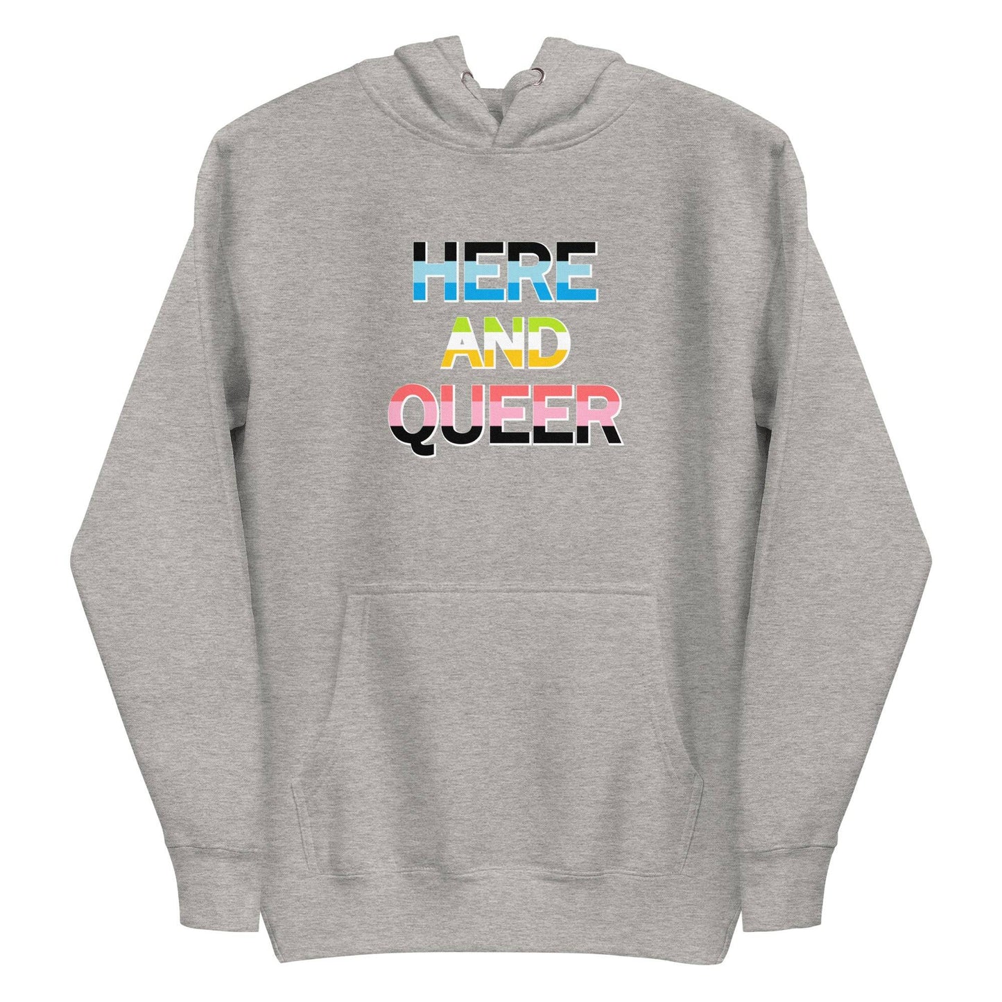 Team Royal "Here And Queer" hoodie by Pridelity, featuring rainbow gradient text on the front.