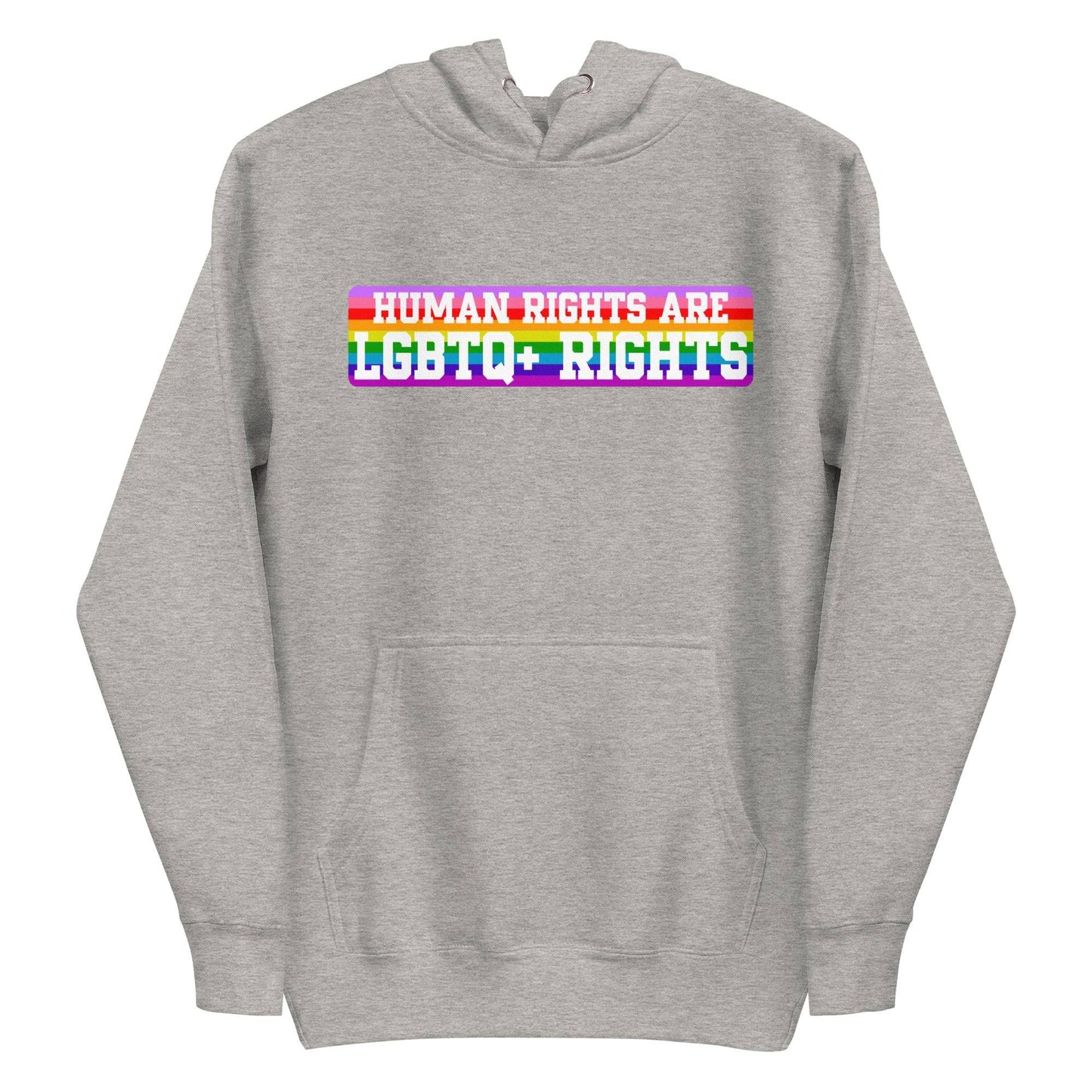 Introducing the Pridelity LGBTQ+ Rights Hoodie, a striking white garment that makes a powerful fashion statement. It features an eye-catching text design with the message "Human Rights Are LGBTQ+ Rights" set against a lively rainbow backdrop, capturing the essence of pride apparel with its inspiring message.