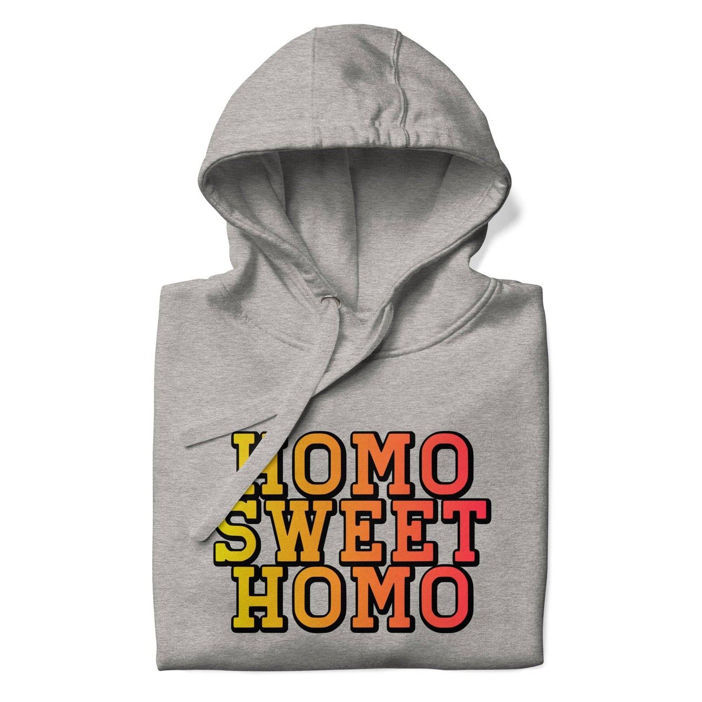 A carbon grey *Homo Sweet Homo* hoodie by Pridelity featuring bold, multicolored lettering on the front.