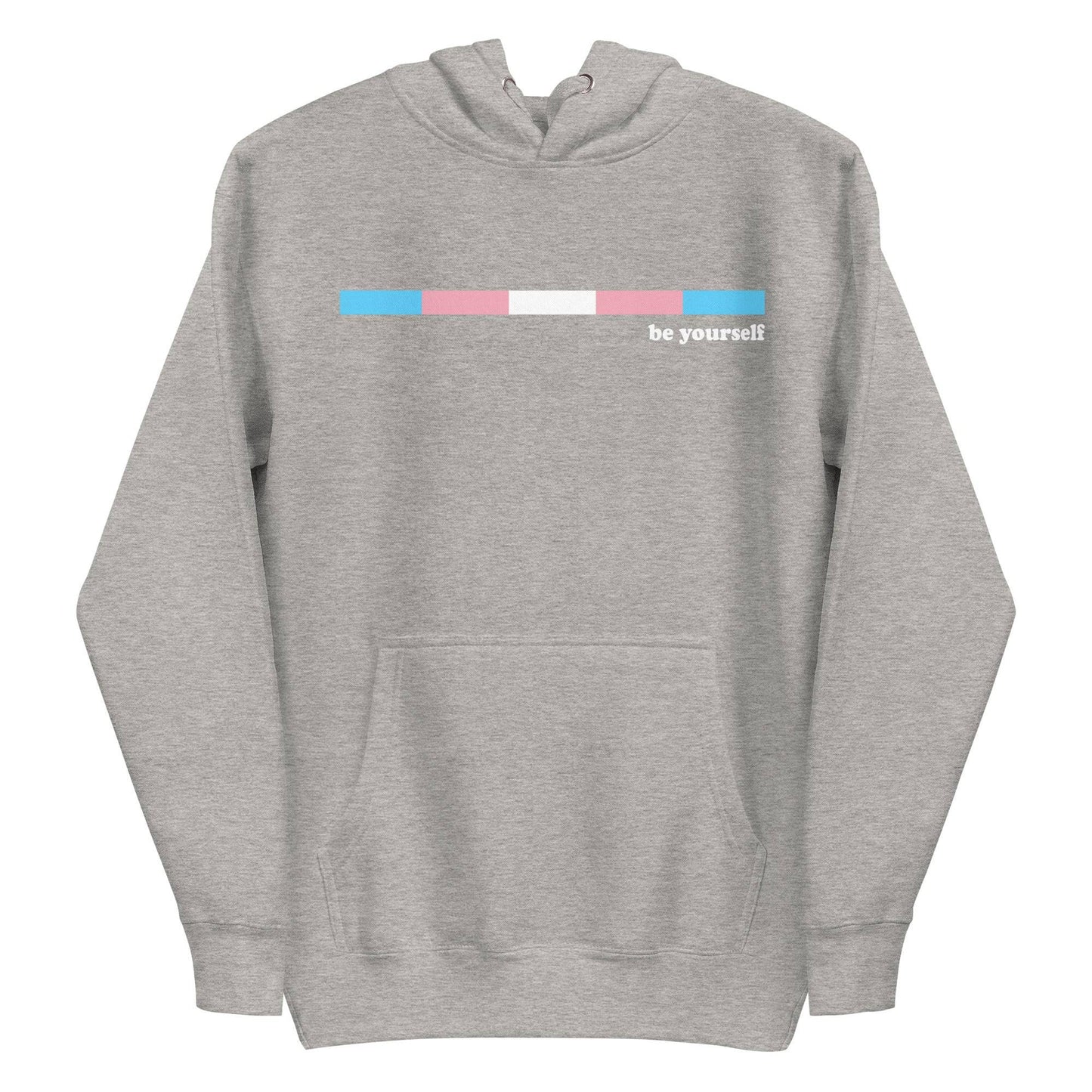 Celebrate your LGBTQ+ pride with Pridelity's Trans Hoodie in Team Royal. This stylish hoodie features a front pocket and a thin horizontal gradient bar of blue, pink, and white. Next to it, you'll find the empowering message "be yourself" printed in crisp white.
