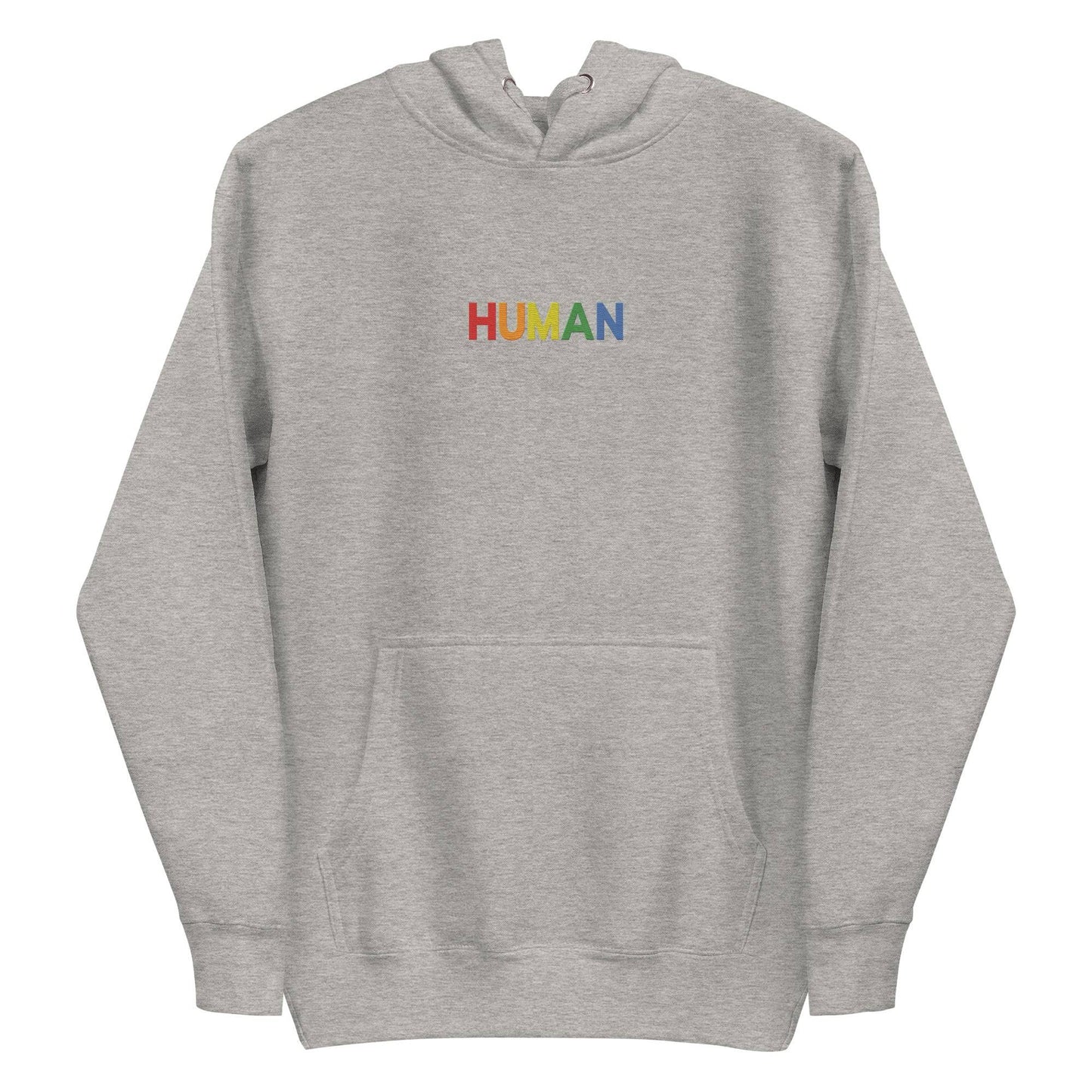 A folded Pridelity Human Hoodie, showcasing a crisp white design with "HUMAN" embroidered in vibrant rainbow colors on the front. The hood is laid flat, with its drawstrings visible, celebrating individuality and self-expression.