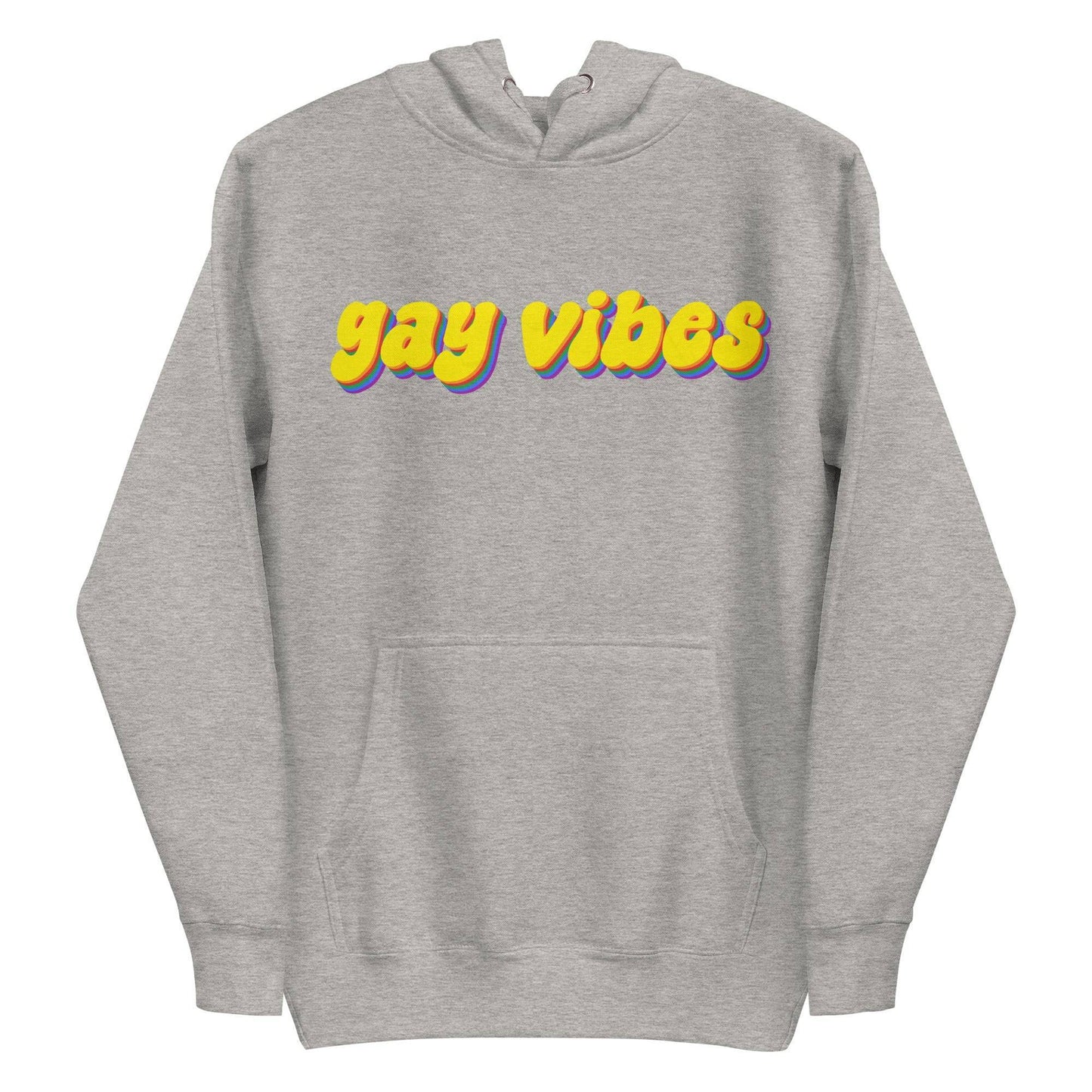 A Carbon Grey Gay Vibes Hoodie by Pridelity features the phrase "gay vibes" displayed in bold, colorful 3D-style yellow and purple text across the chest.