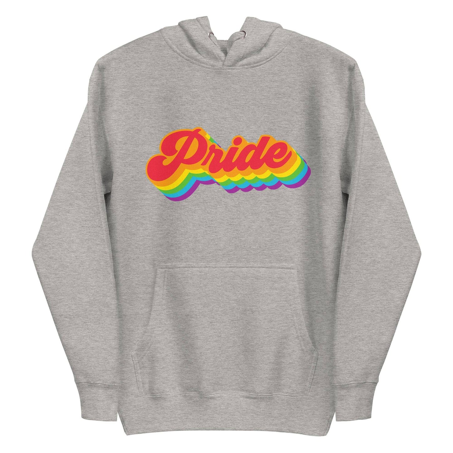 Presenting the Pride Hoodie from Pridelity, this standout piece features "Pride" in bold, colorful 3D-style letters with a striking rainbow gradient effect on its white fabric, proudly showcasing its vibrant design front and center.