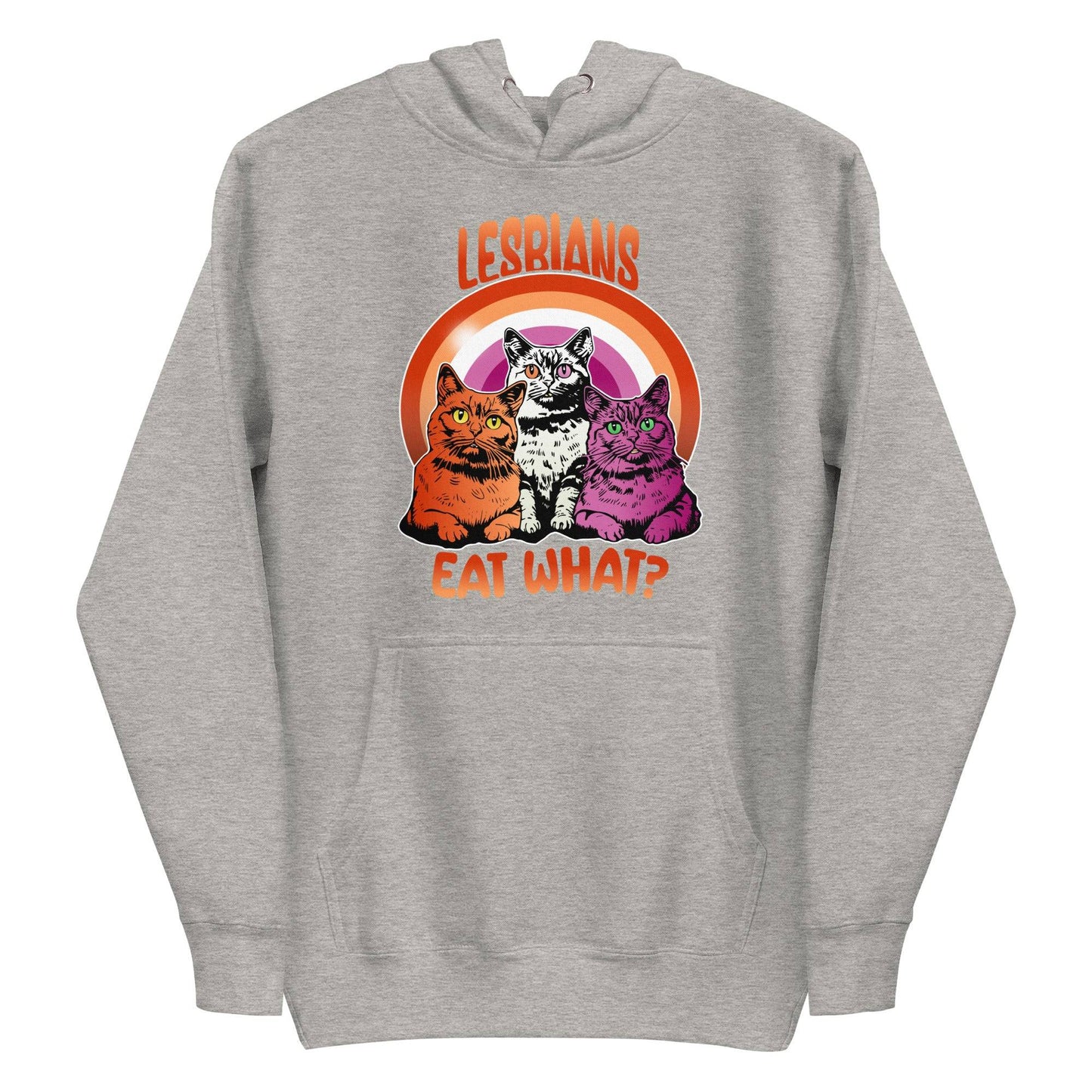 The maroon "Lesbians Eat What?" hoodie from Pridelity features three vibrant cats set against a rainbow background. The word "Lesbians" is prominently displayed above, with the humorous phrase "Eat What?" boldly written below, making it an ideal pride garment for those who want to express their style and humor.