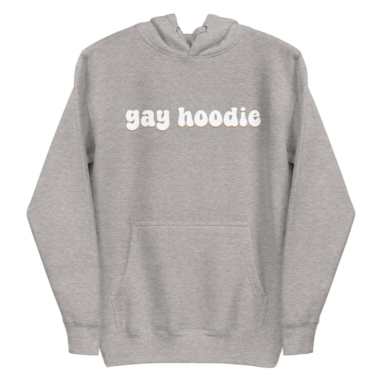 Introducing the Gay Hoodie by Pridelity: A black pride hoodie featuring cream-colored text with the phrase "gay hoodie" on the front. Designed for comfort and style, it includes a front pocket and drawstrings.