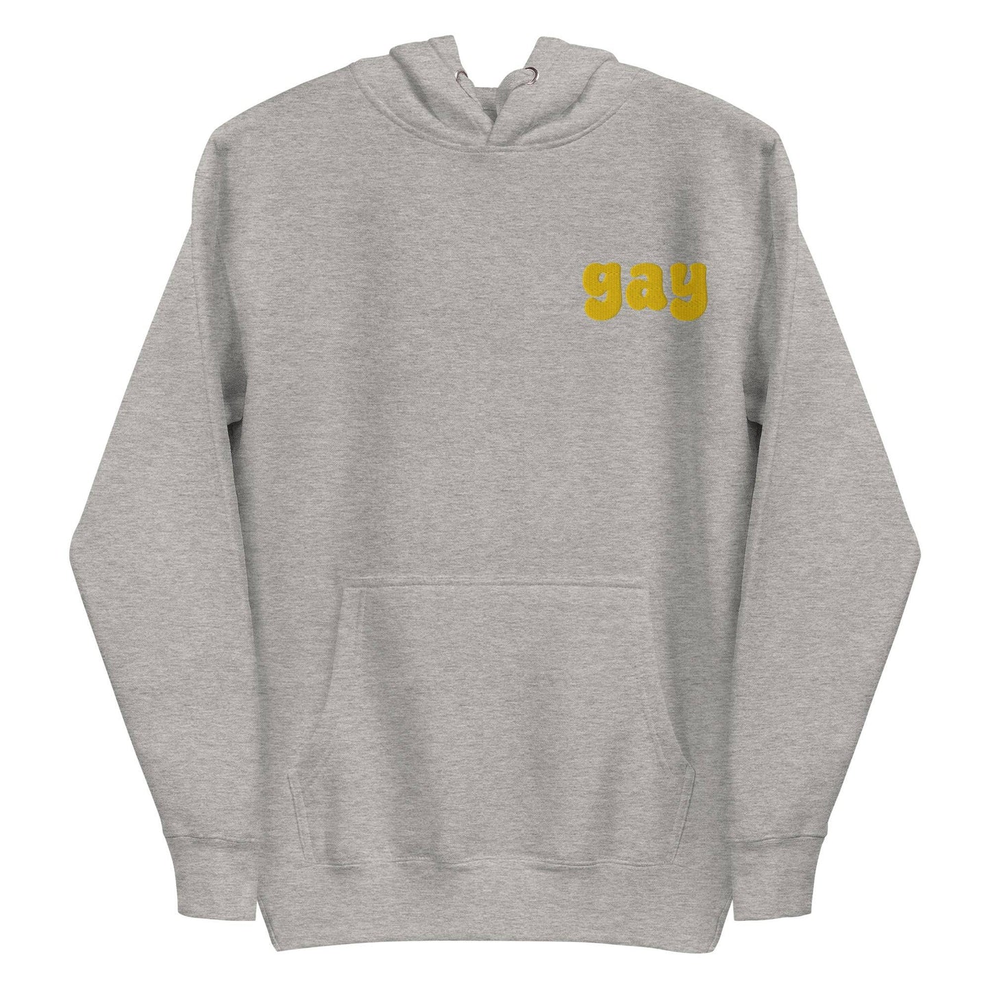 The Pridelity Gay Hoodie, featuring "gay" emblazoned in vibrant yellow text on the front, celebrates love and identity in a bold Team Royal color.
