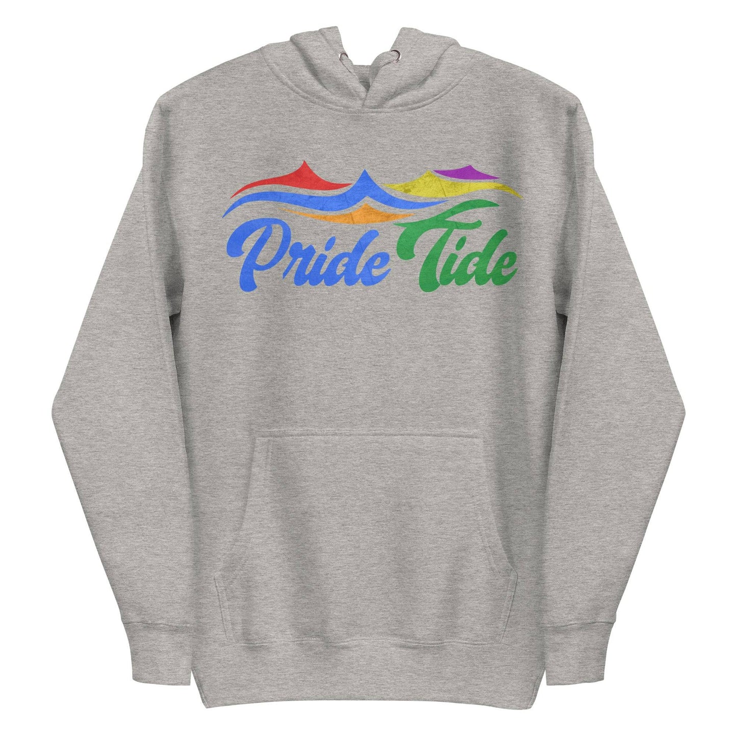 Experience the vibrant Pride Tide Hoodie by Pridelity, featuring a colorful wave design above "Pride Tide" in gradient rainbow colors on a sleek black canvas, symbolizing LGBTQ+ pride.