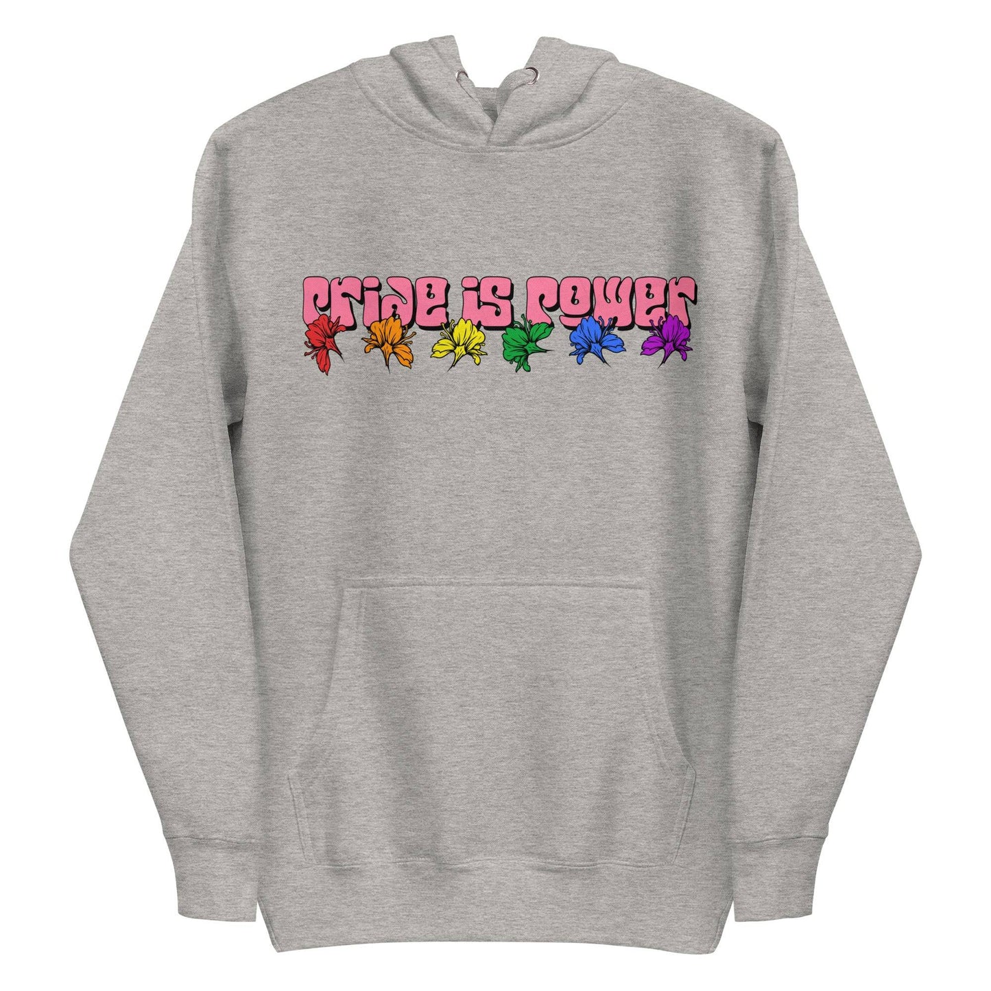Introducing the "Pride Is Power Hoodie" by Pridelity: This white hoodie showcases the empowering message "Pride is Power" in bold, colorful letters above a vibrant rainbow row of leaves. It is a proud representation of diversity and inclusivity, perfectly complementing our pride shirts collection that celebrates unity.