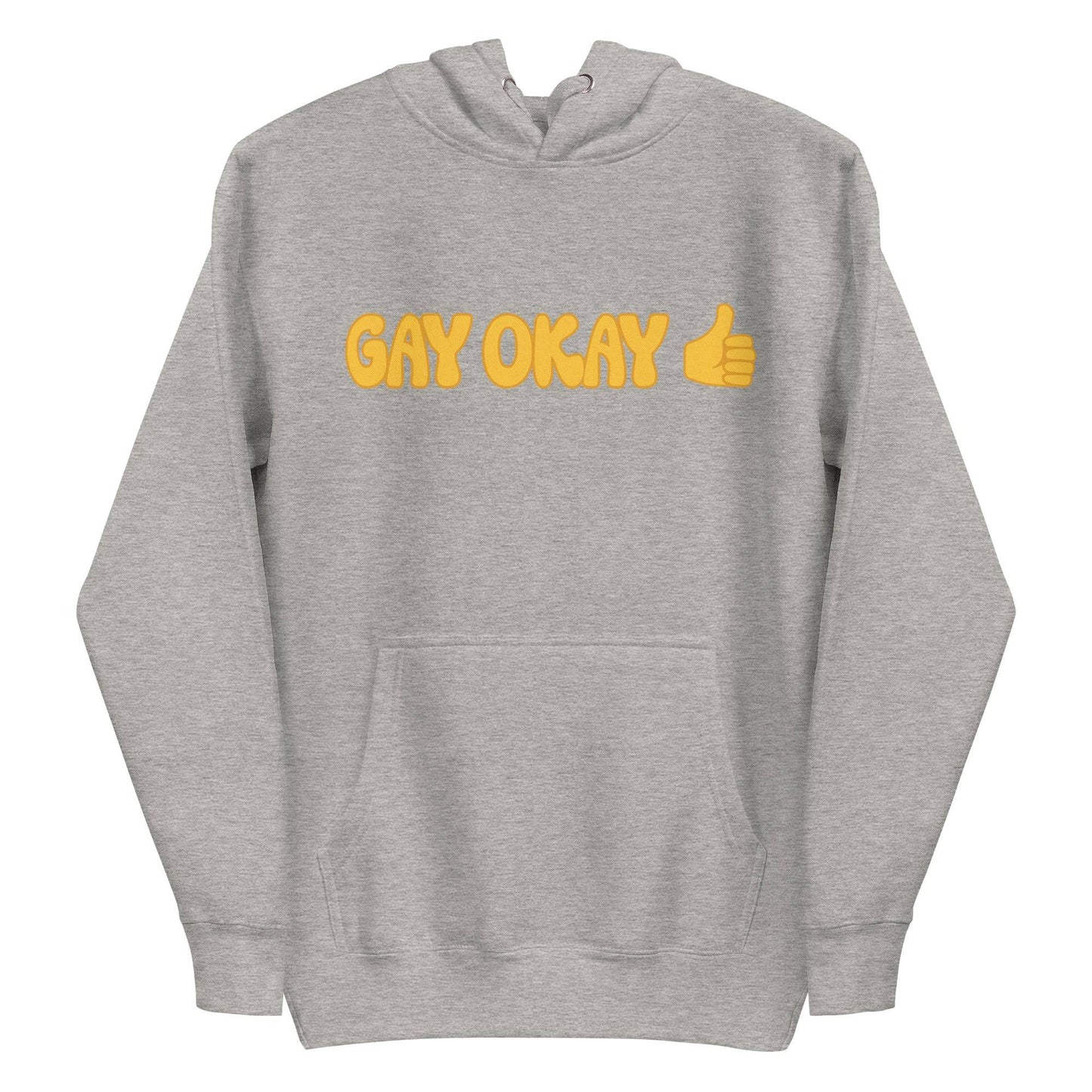 Introducing the Gay Okay Hoodie by Pridelity, a white pride hoodie showcasing "GAY OKAY" in bold yellow bubble letters on the front. It features a delightful yellow thumbs-up emoji and is designed with a cozy front pocket and adjustable drawstrings, making it perfect for celebrating identity and style.