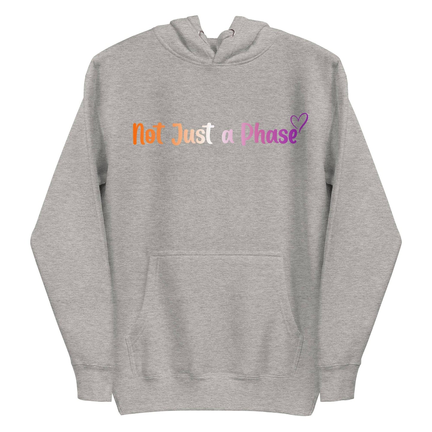 The Pridelity "Not Just A Phase" Hoodie is a black hoodie featuring the text "Not Just a Phase" in multicolored letters, finished with a small heart, celebrating pride shirts with its bold design.