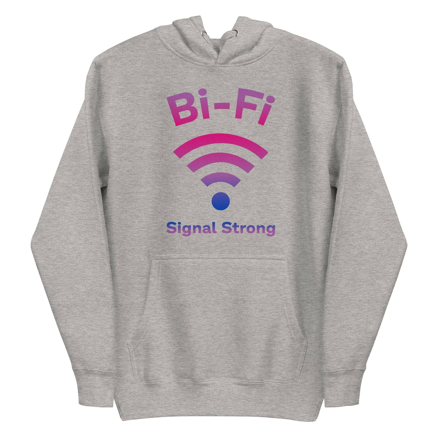 Introducing the Bi-Fi Hoodie by Pridelity, a stylish white hoodie from the Pride Collection. It features "Bi-Fi Signal Strong" in vibrant pink and purple text with a Wi-Fi symbol design—perfect Pride merch to showcase your connection and style.