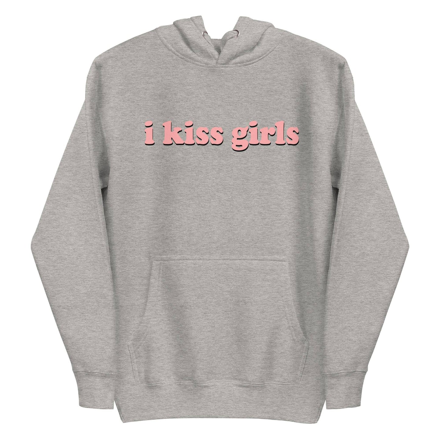 The "I Kiss Girls" Hoodie by Pridelity is a pride celebration in dusty rose, featuring bold, light pink lettering on the front, along with a convenient front pocket and drawstring hood.