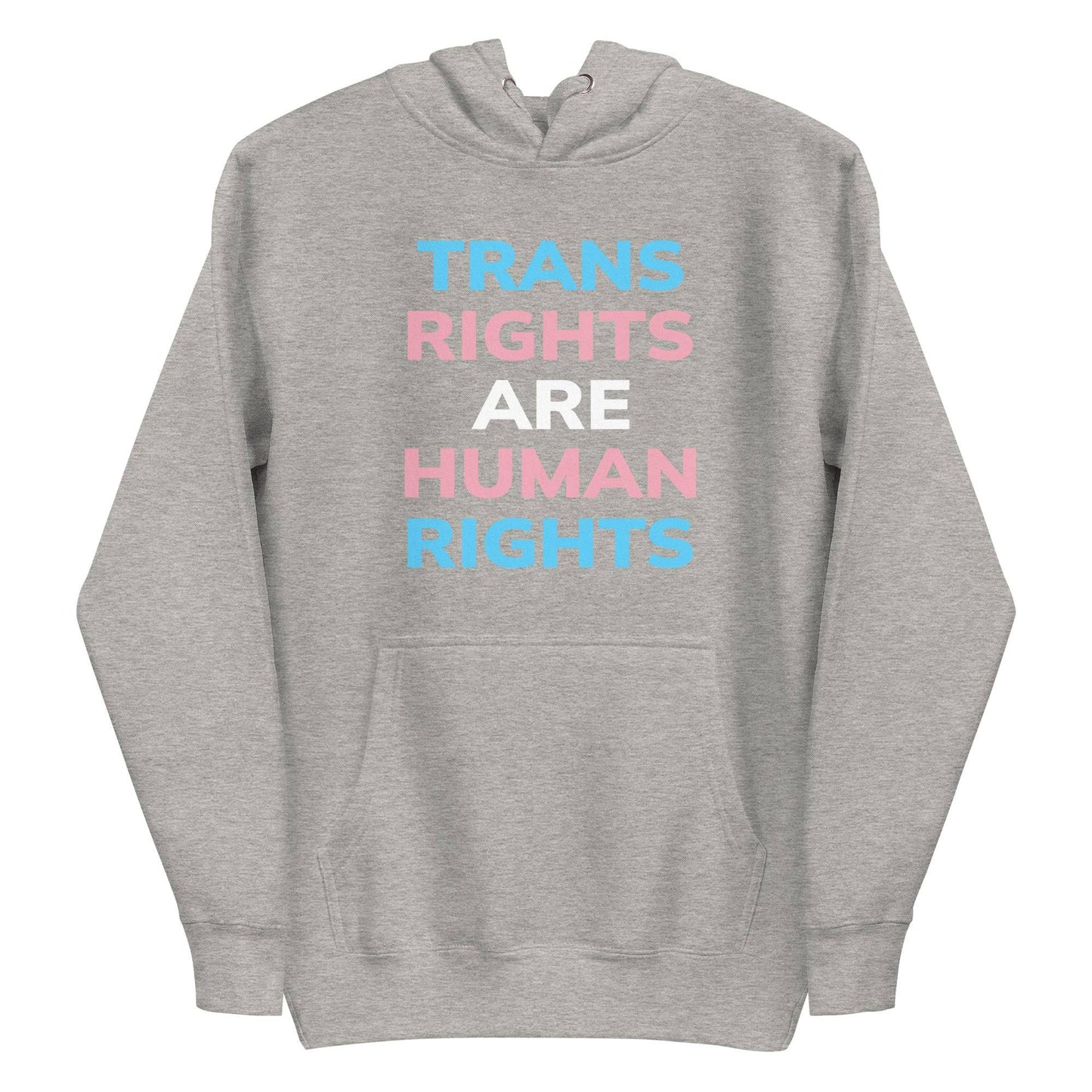 Introducing the Trans Rights Hoodie from Pridelity's pride collection—this navy blazer hoodie prominently showcases the phrase "TRANS RIGHTS ARE HUMAN RIGHTS" in bold, alternating hues of blue, pink, and white, celebrating LGBTQ+ rights.