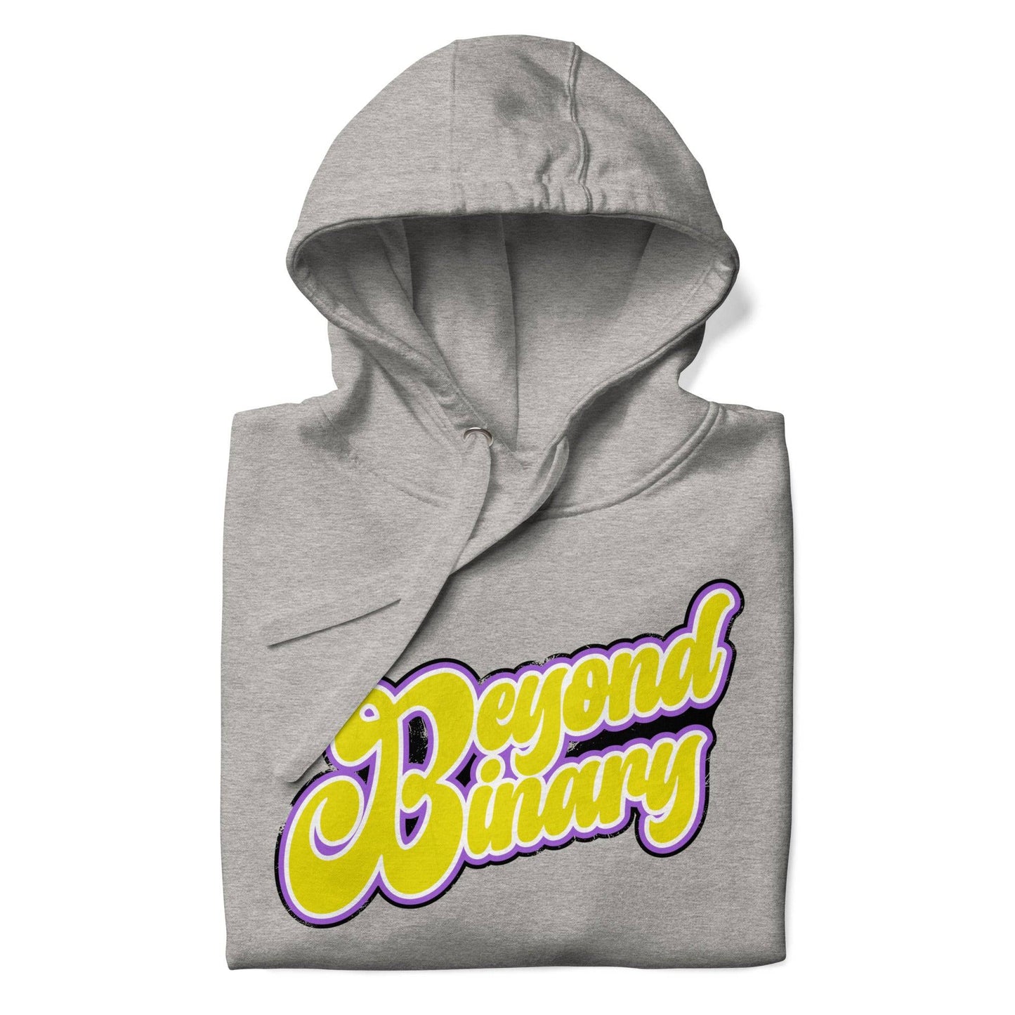 The Pridelity "Beyond Binary" Hoodie features a front pocket and displays the phrase in striking yellow and purple script, making it an ideal choice for those embracing Pride Collections.