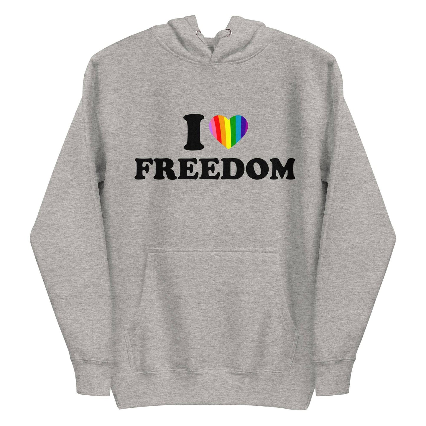 A neatly folded white "I Love Freedom Hoodie" by Pridelity showcases the phrase "I ♥ FREEDOM" accompanied by a rainbow heart, symbolizing diversity and inclusivity. The hoodie is arranged with drawstrings and the hood prominently displayed on top.