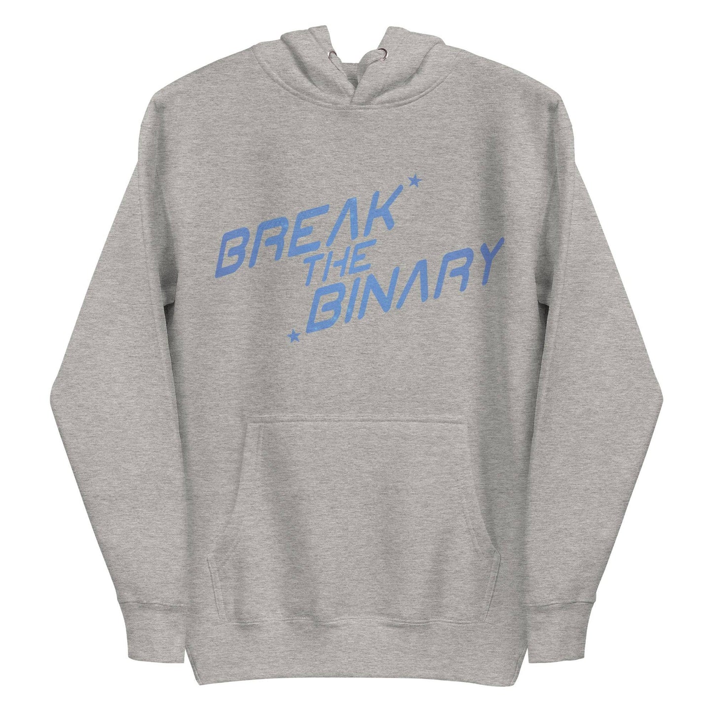 Introducing the "Break The Binary" Hoodie from Pridelity, available in a navy blazer hue. This exclusive piece from our Pride Merch collection showcases bold blue "Break the Binary" lettering across the front, accented by small star motifs and complemented with a convenient front pocket.