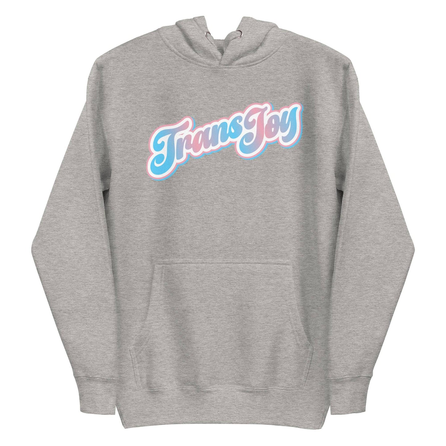 Introducing the Trans Joy Hoodie by Pridelity in Team Royal. This hoodie is a standout piece from the pride collection, showcasing "Trans Joy" printed in pastel pink, blue, and white on the front. It features a handy kangaroo pocket at the bottom, making it perfect for celebrating with style and embracing LGBTQ+ pride every day!