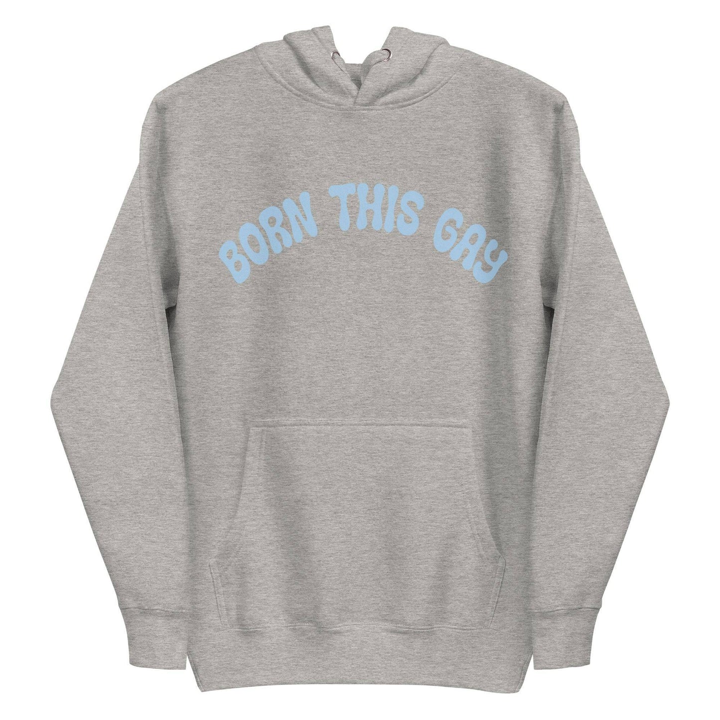 This navy blazer hoodie from Pridelity's Pride Collection prominently features "BORN THIS GAY" in light blue across the chest, complete with a convenient front pocket and a cozy drawstring hood, making it an essential piece of Pride Merch.