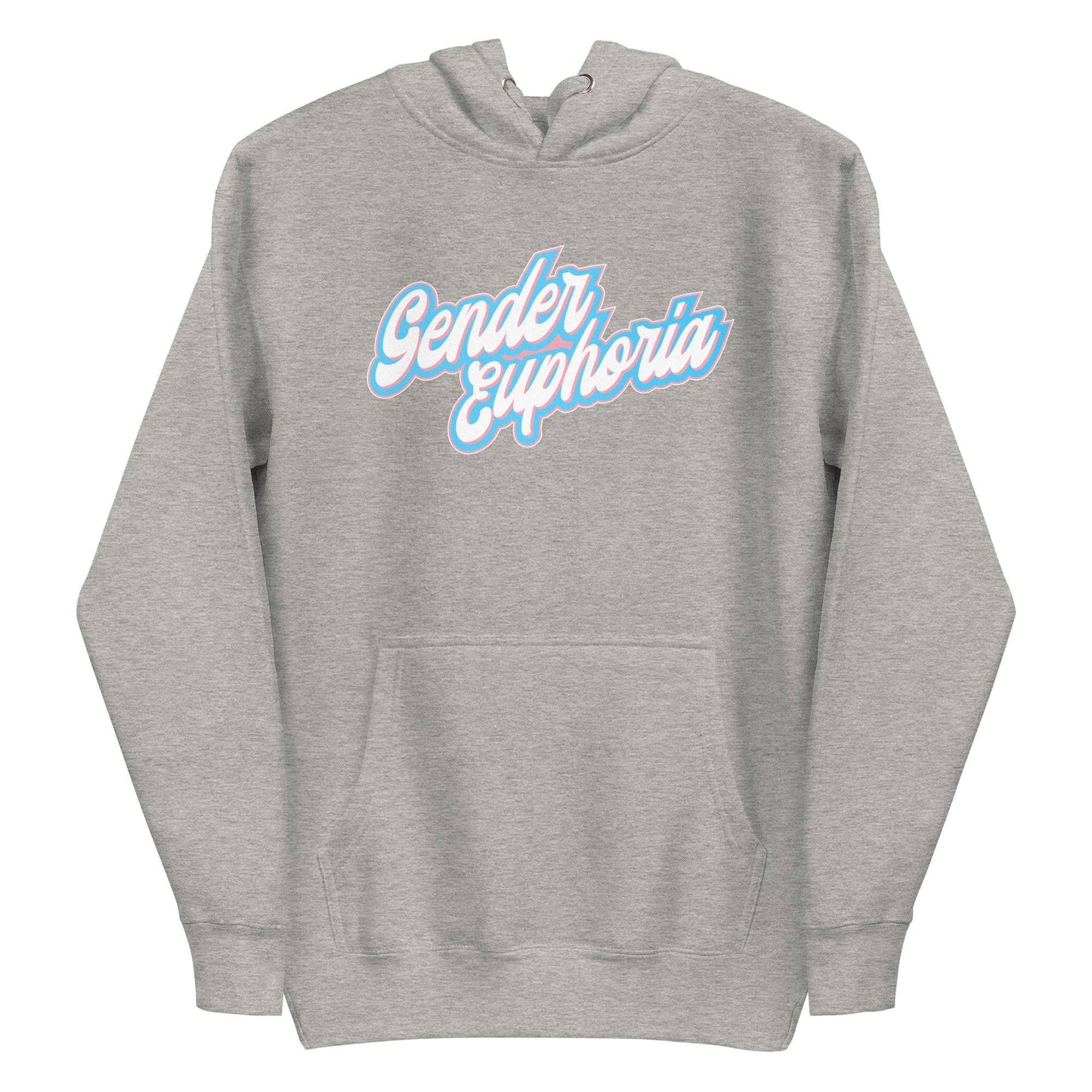 Introducing the Pridelity Gender Euphoria Hoodie, a stylish white piece adorned with "Gender Euphoria" in elegant blue and pink script across the chest. It features a front pocket and adjustable hood drawstrings for added comfort.