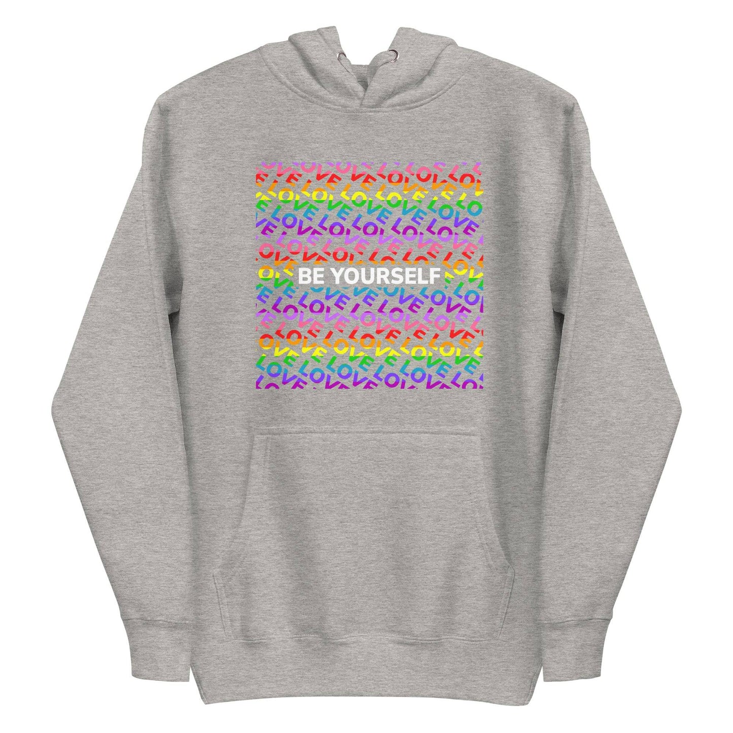 Introducing the Be Yourself Hoodie by Pridelity: a black hoodie adorned with a vibrant square pattern and the uplifting message "LOVE YOURSELF" in rainbow colors repeated inside. This striking piece of Pride merch is sure to stand out, making it an ideal addition to any Pride collection with its emphasis on positivity.