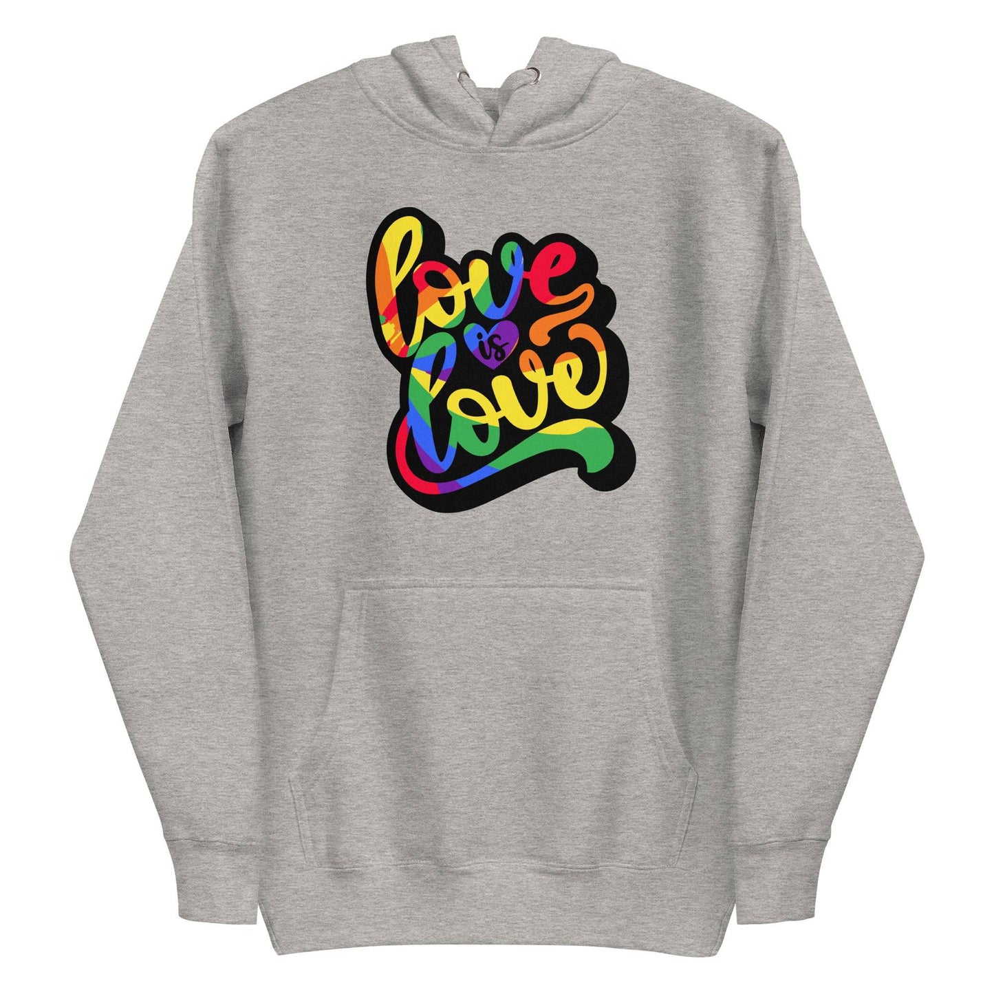 White Love Is Love Hoodie by Pridelity showcasing a vibrant "Love is Love" design on the front. The text displays a rainbow gradient, emphasizing inclusivity and support for the LGBTQ+ community, making it a standout among pride shirts.