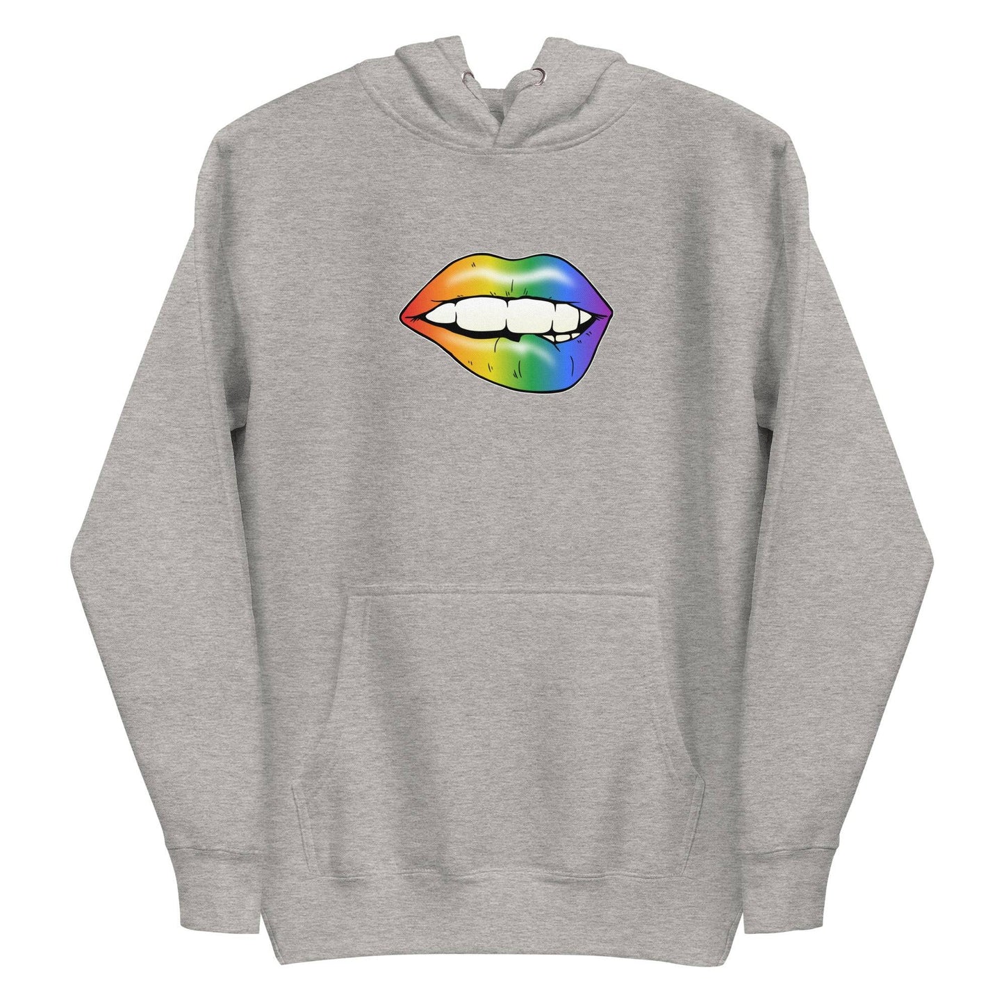 The Flirty Lips Hoodie from Pridelity is a black pride sweatshirt that showcases a design of lips playfully biting the lower lip, adorned with a striking rainbow gradient.