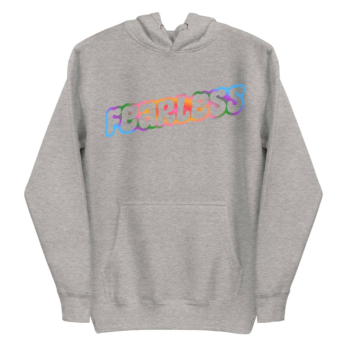 The Pridelity Fearless Hoodie showcases the word "Fearless" in lively, colorful bubble-like letters across the chest, incorporating shades of red, purple, and blue for a playful and vibrant appearance. This white hoodie also includes a front pocket and a drawstring hood.