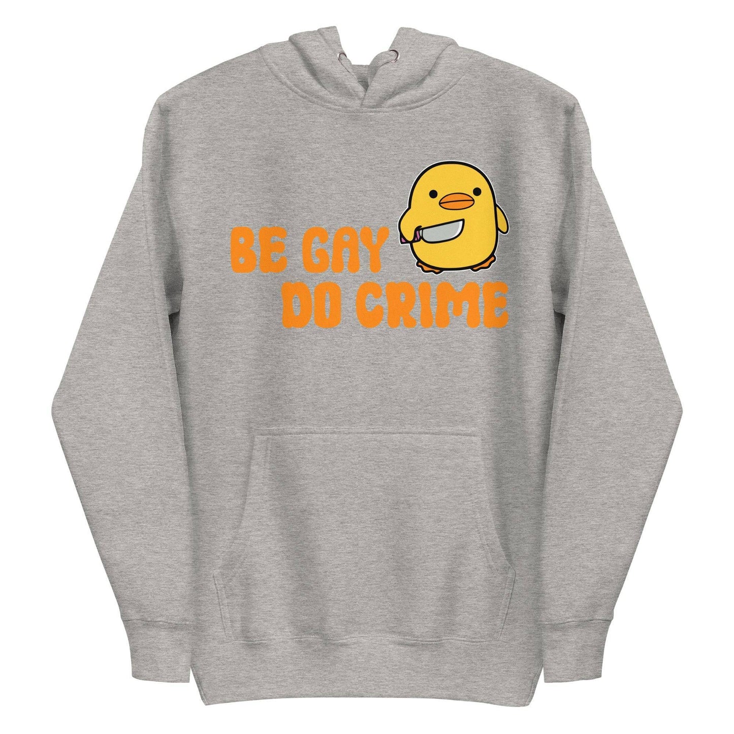 Introducing the "Be Gay Do Crime Hoodie" by Pridelity from our Pride Merch collection, showcasing a cute yellow bird holding a knife with striking orange text.