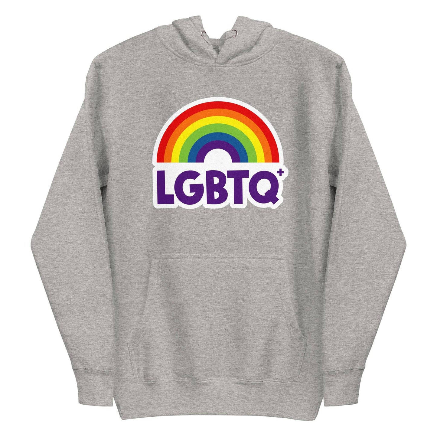 The Pridelity LGBTQ+ Hoodie, with its vibrant purple hue, showcases a rainbow design above the "LGBTQ+" text on the front. Perfect for pride enthusiasts, it includes a spacious front pocket and a hood equipped with drawstrings.