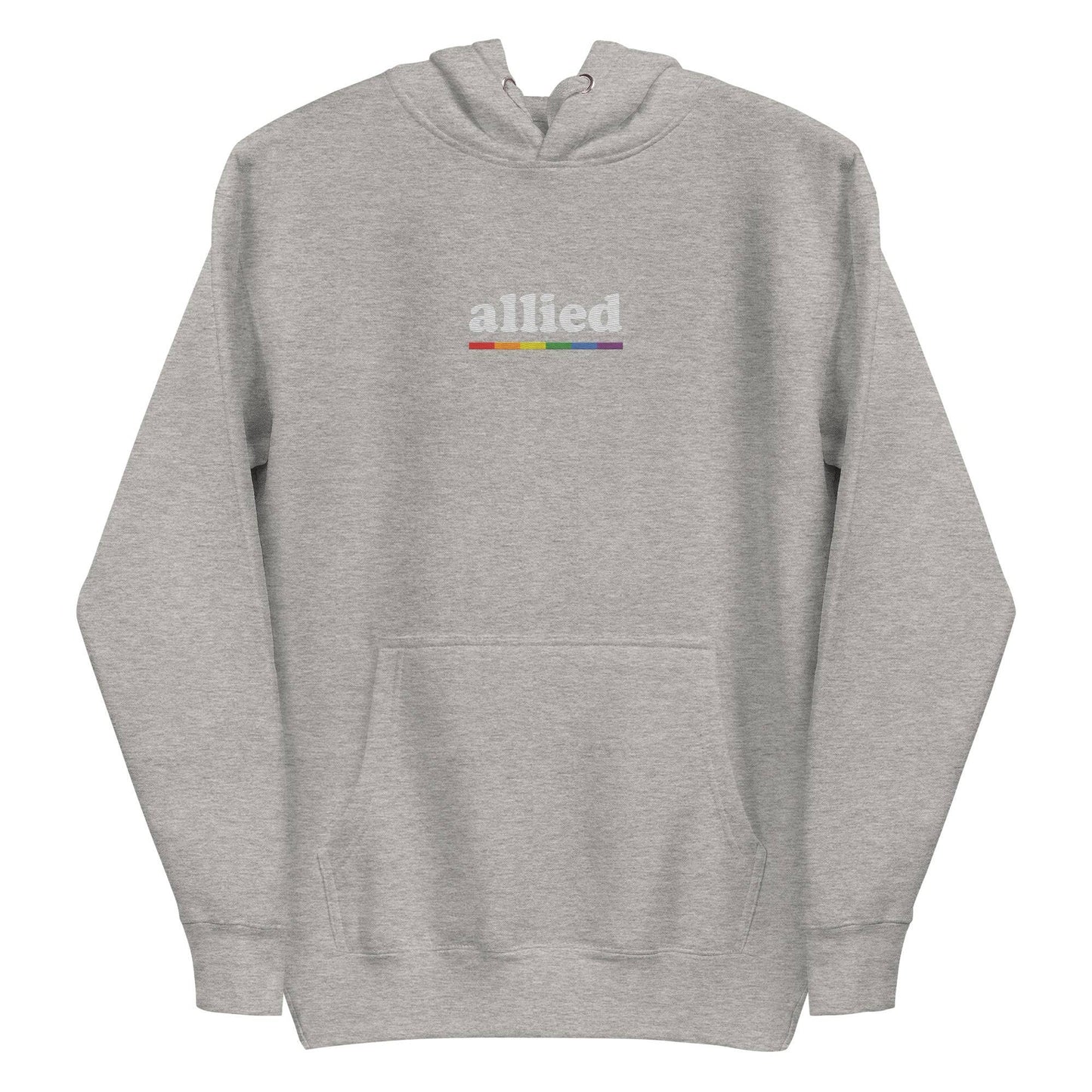 The Allied Hoodie by Pridelity is a black hoodie adorned with the word "allied" in white text across the chest, accompanied by a vibrant horizontal rainbow stripe below. This piece of Pride Merch features a front pocket and a drawstring hood, effortlessly combining comfort with meaningful expression.
