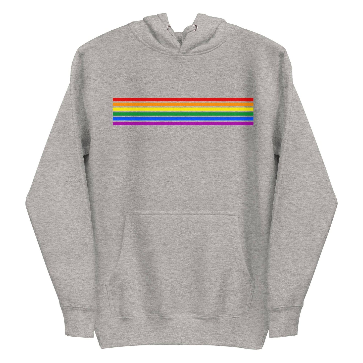 Presenting the Rainbow Stripes Hoodie from Pridelity: This black hoodie boasts a striking horizontal rainbow stripe across the chest, highlighting vibrant hues such as red, orange, yellow, green, blue, and purple. Created to honor the LGBTQ+ community, it also features a front pocket and adjustable drawstrings for comfort and style.