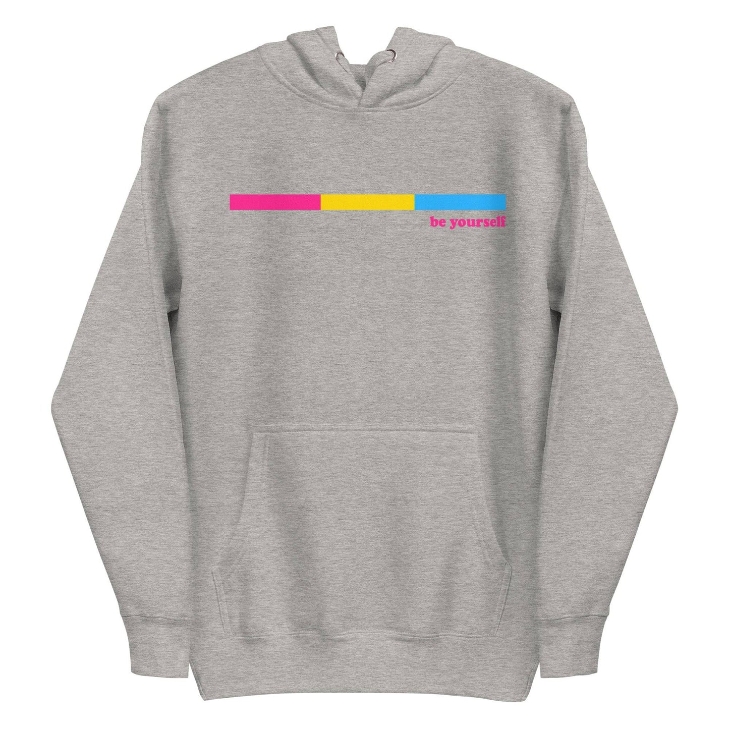 Celebrate your individuality with Pridelity's Pansexual Hoodie in black, showcasing a sleek and minimalist design. It features a striking horizontal bar in magenta, yellow, and blue, accompanied by the empowering text "be yourself" in pink—making it not just an item of clothing, but a bold statement.