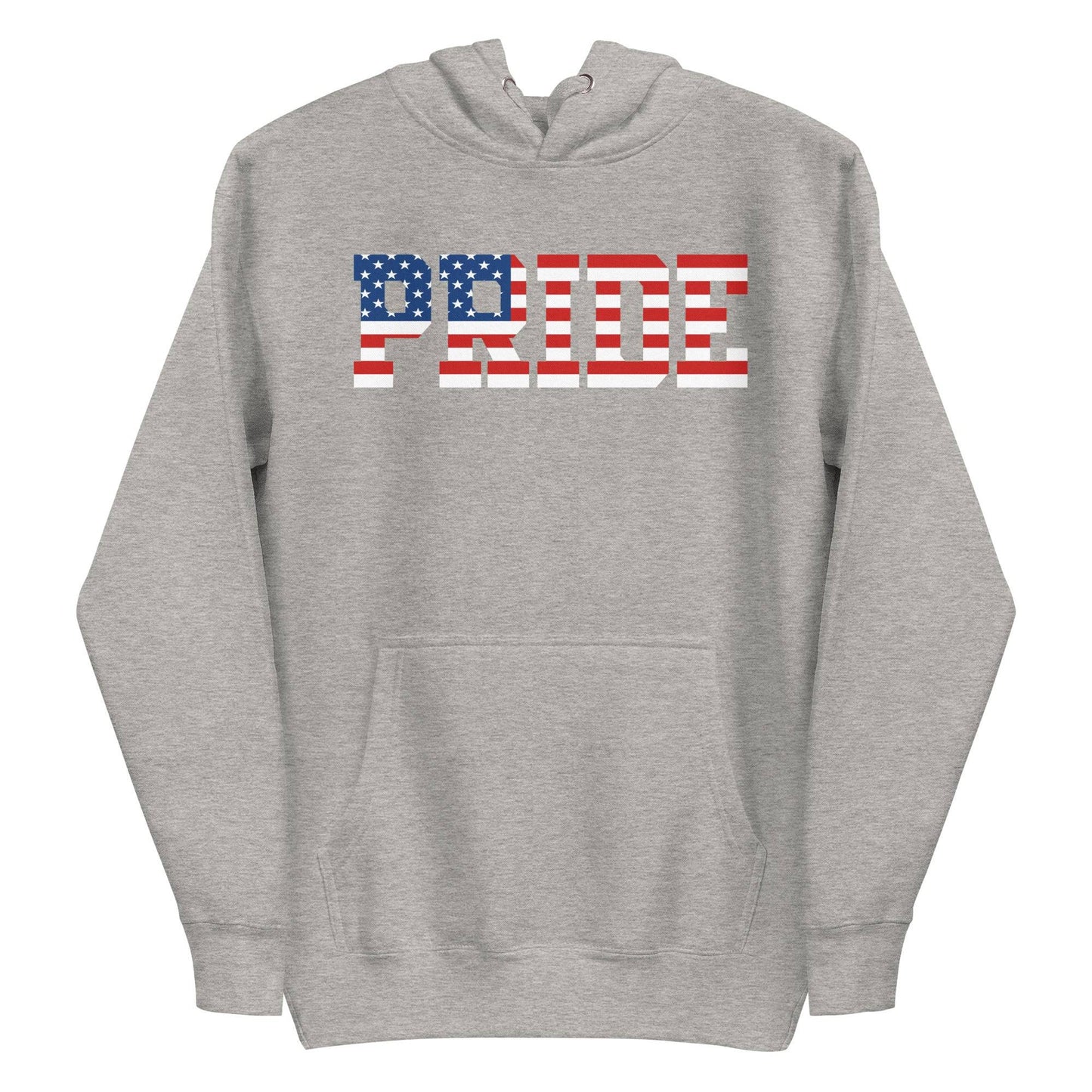 The American Pride Hoodie by Pridelity is a black sweatshirt that prominently displays "PRIDE" in bold letters, adorned with an American flag-inspired design. This pride merchandise boasts stars and stripes in red, white, and blue colors. It comes equipped with a front pocket and drawstring hood, making it a great addition to any pride collection.