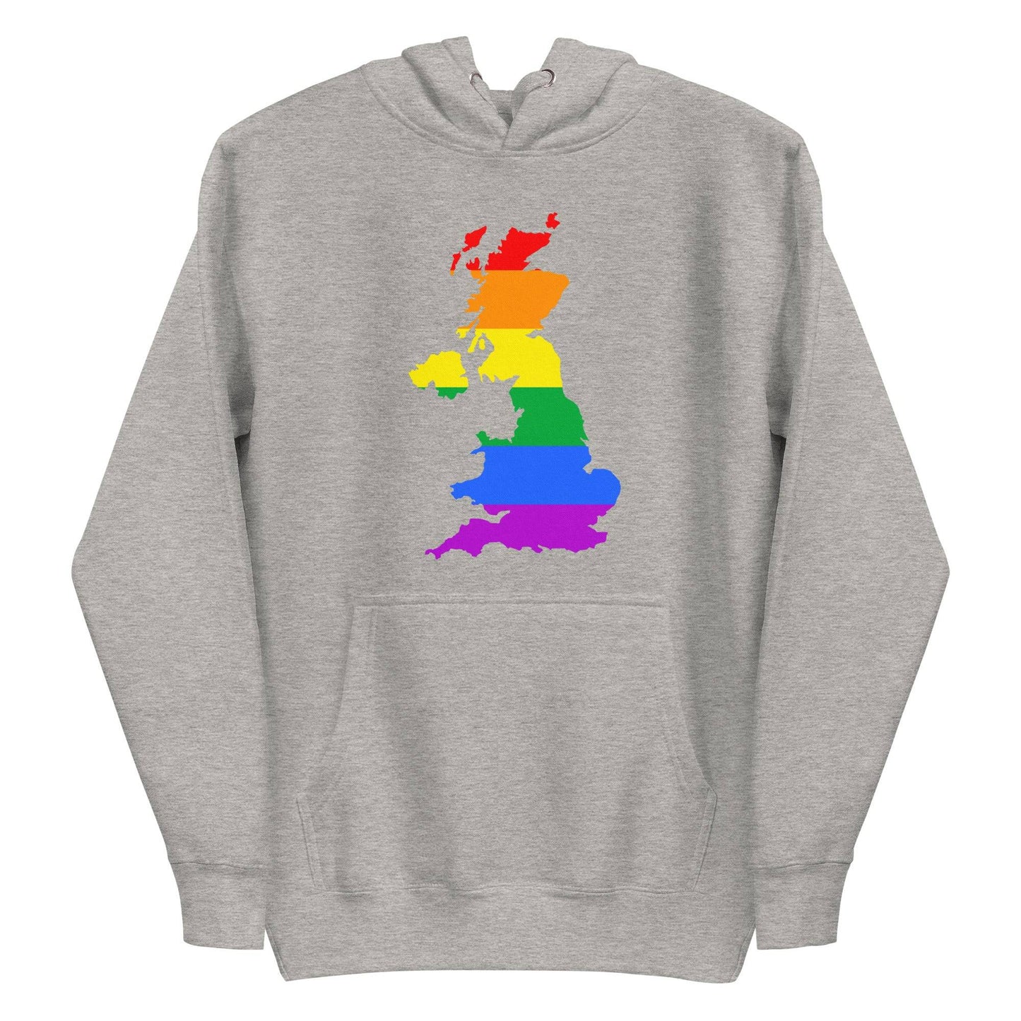 Introducing the British Isles Pride Hoodie by Pridelity, this sky blue hoodie features a vibrant depiction of Great Britain in rainbow colors, reflecting the LGBTQ+ pride flag. The eye-catching design is prominently displayed on the chest, making it an essential piece for any Pride Collection.