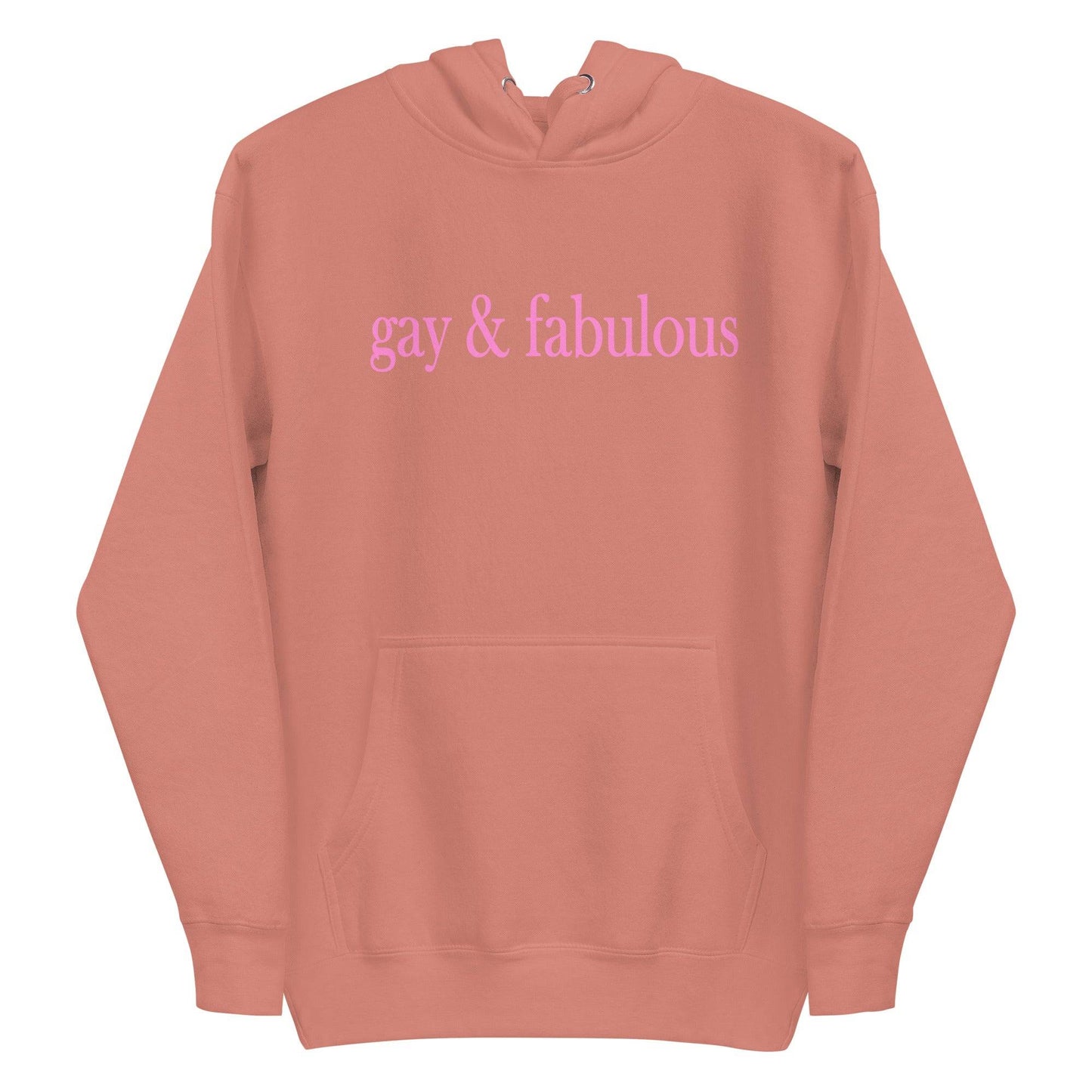 Introducing the Pridelity "Gay & Fabulous" Hoodie in maroon, featuring a front pocket and the phrase "gay & fabulous" prominently displayed in pink across the chest.