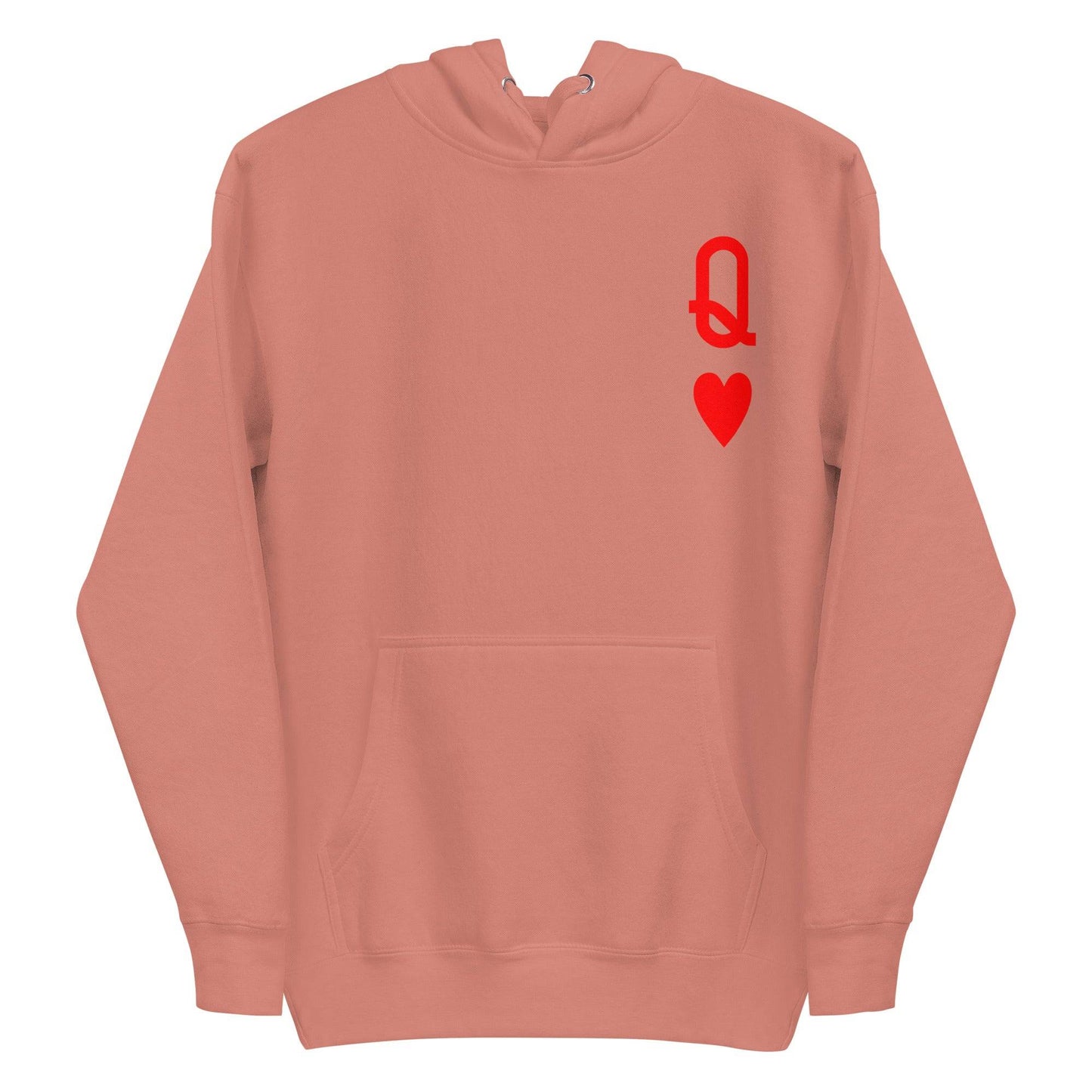 Presenting the Queen of Hearts Hoodie by Pridelity: a white hoodie adorned with a red "Q" topped with a crown-like loop and a red heart below it on the chest, capturing the essence of a playing card. As part of our Pride Collection, this cozy garment celebrates LGBTQ+ identity, complete with a front pocket and drawstring hood.