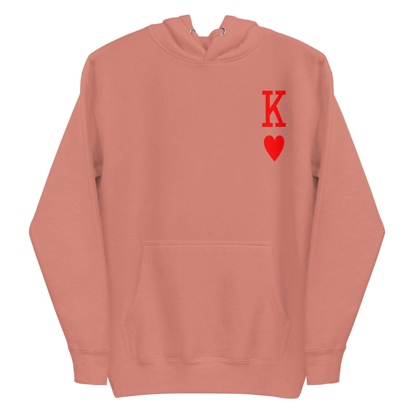 White King of Hearts Hoodie by Pridelity, adorned with a red "K" and heart symbol on the upper left side, reminiscent of a playing card design. Ideal for individuals who appreciate distinctive pride apparel with a timeless touch.