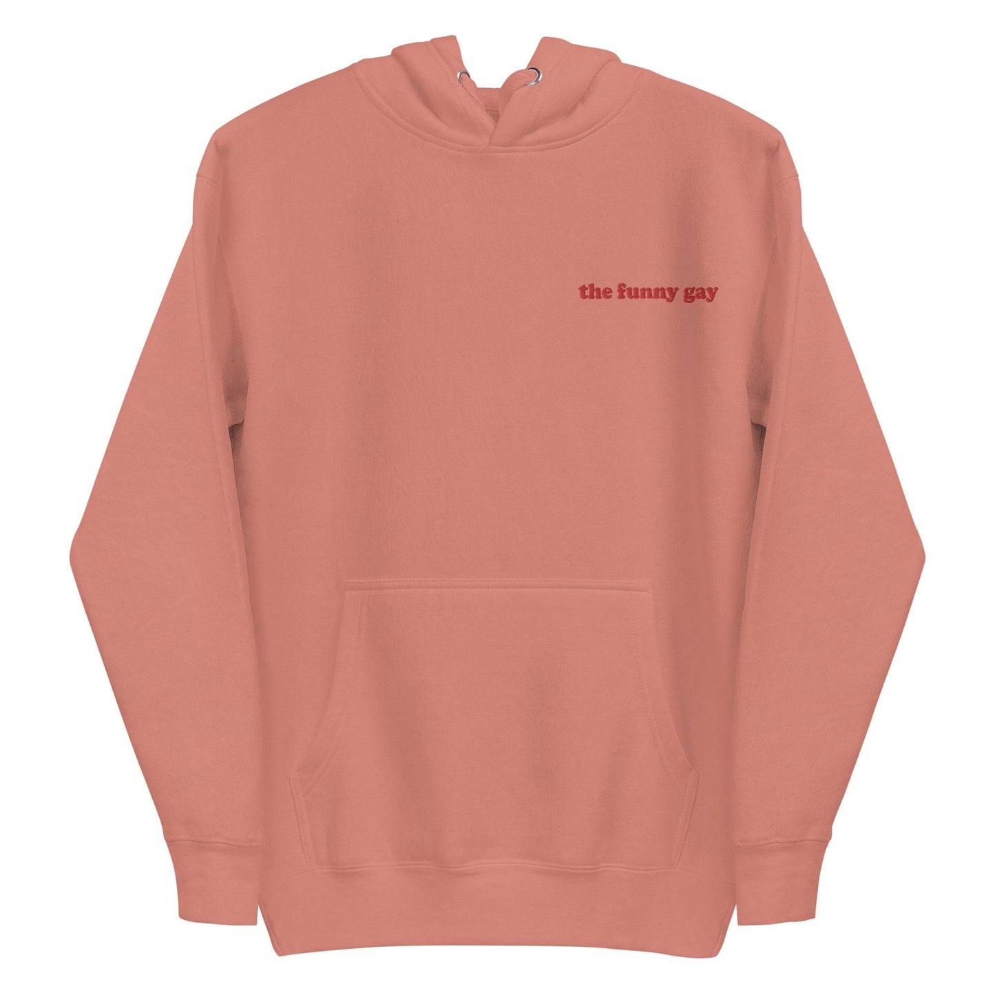 Introducing The Funny Gay Hoodie from Pridelity's pride collection – this black hoodie boasts a convenient front pocket and showcases the phrase "the funny gay" elegantly embroidered in small red letters on the upper left side. Celebrate your style with a nod to LGBTQ+ pride.