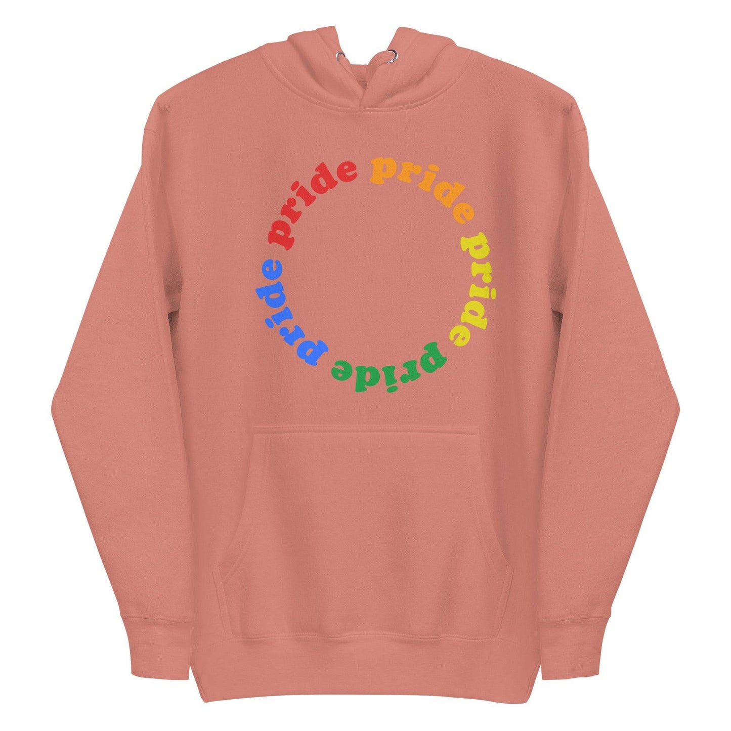 Introducing the Pride Circle Hoodie by Pridelity, a stylish white hoodie that celebrates pride with a captivating circular design featuring the word "pride" in vibrant rainbow-gradient letters. This cozy garment perfectly blends the classic appeal of traditional pride shirts with modern comforts like a front pocket and drawstring hood.