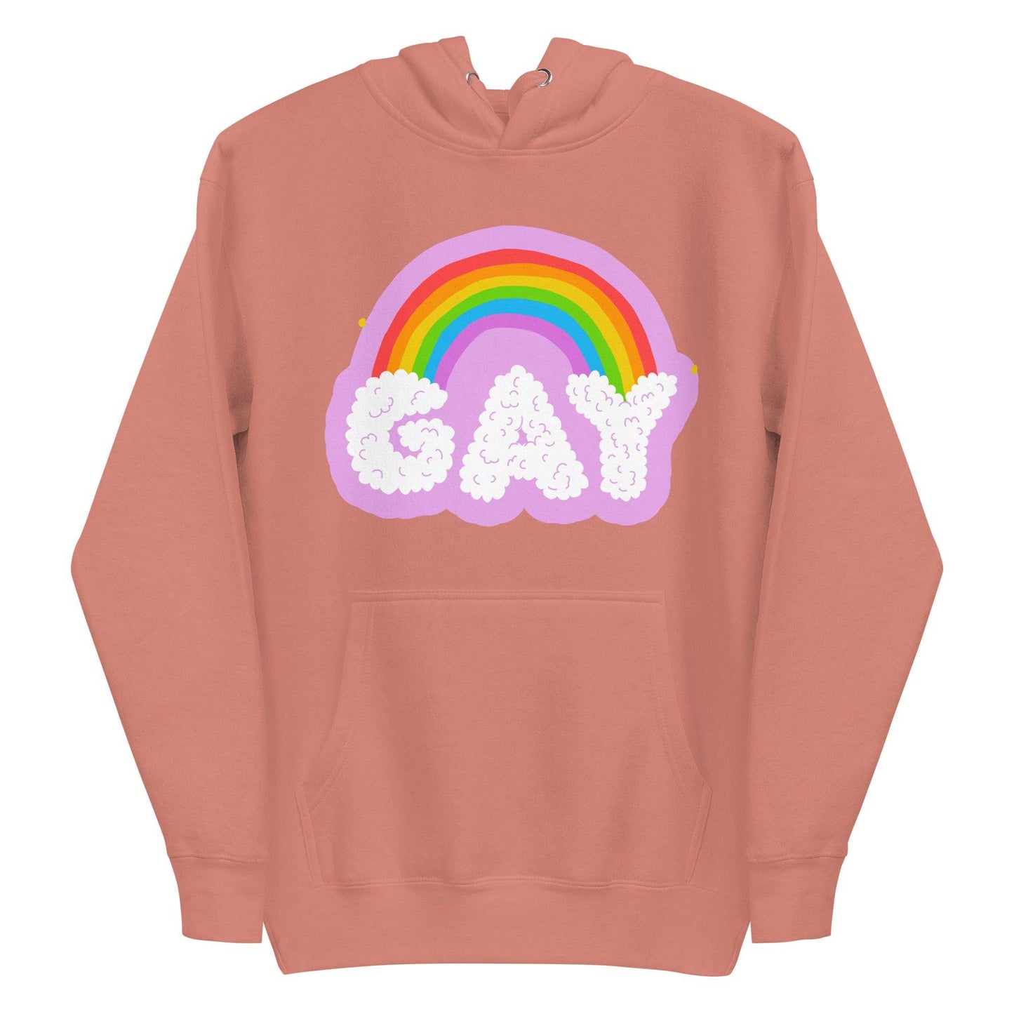 The Cloud Gay Hoodie from Pridelity's Pride Merch collection is a white hoodie showcasing a vibrant rainbow over the word "GAY" in fluffy, cloud-like letters. This bold design celebrates LGBTQ+ pride. The hoodie is equipped with a front pocket and drawstrings for added comfort.