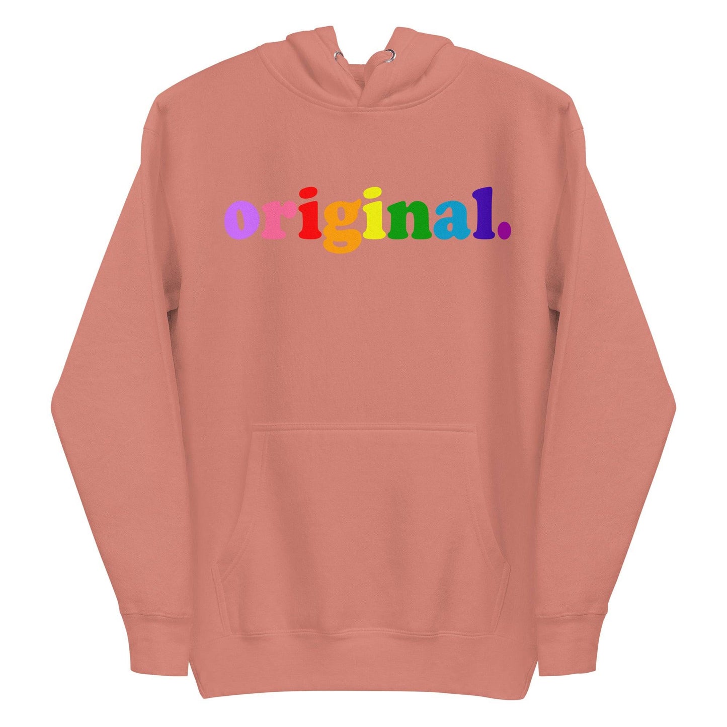 Introducing the Original Hoodie by Pridelity, a black hoodie featuring the word "original" in bold rainbow-colored letters across the chest, capturing the essence of pride shirts. It includes a front pocket and a drawstring hood for both comfort and style.