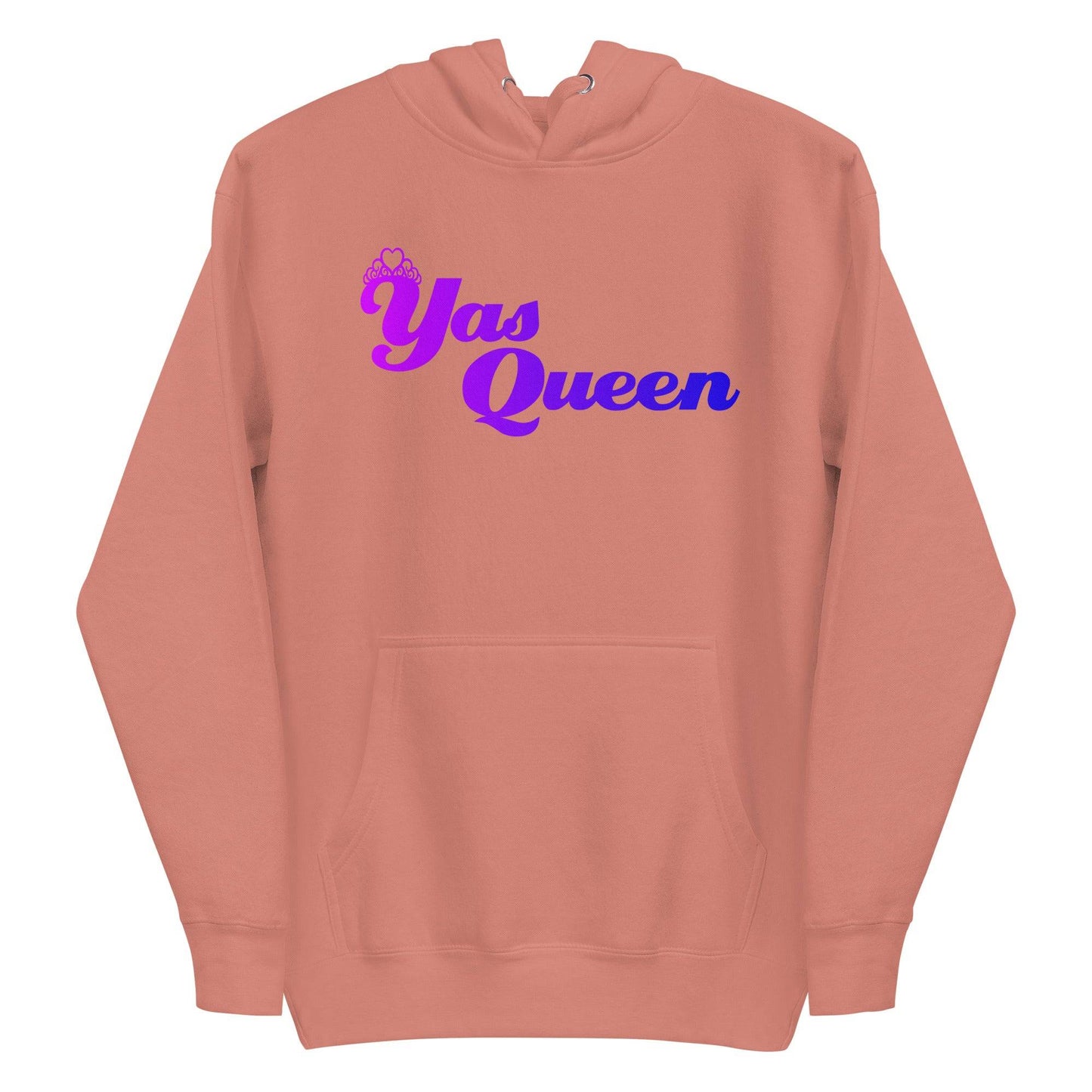 Introducing the Yas Queen Hoodie by Pridelity, a black hoodie from their pride collection. This stylish piece features "Yas Queen" in bold purple and pink lettering across the front to celebrate LGBTQ+ spirit, complete with a regal crown design above the "Y" for an extra touch of flair.