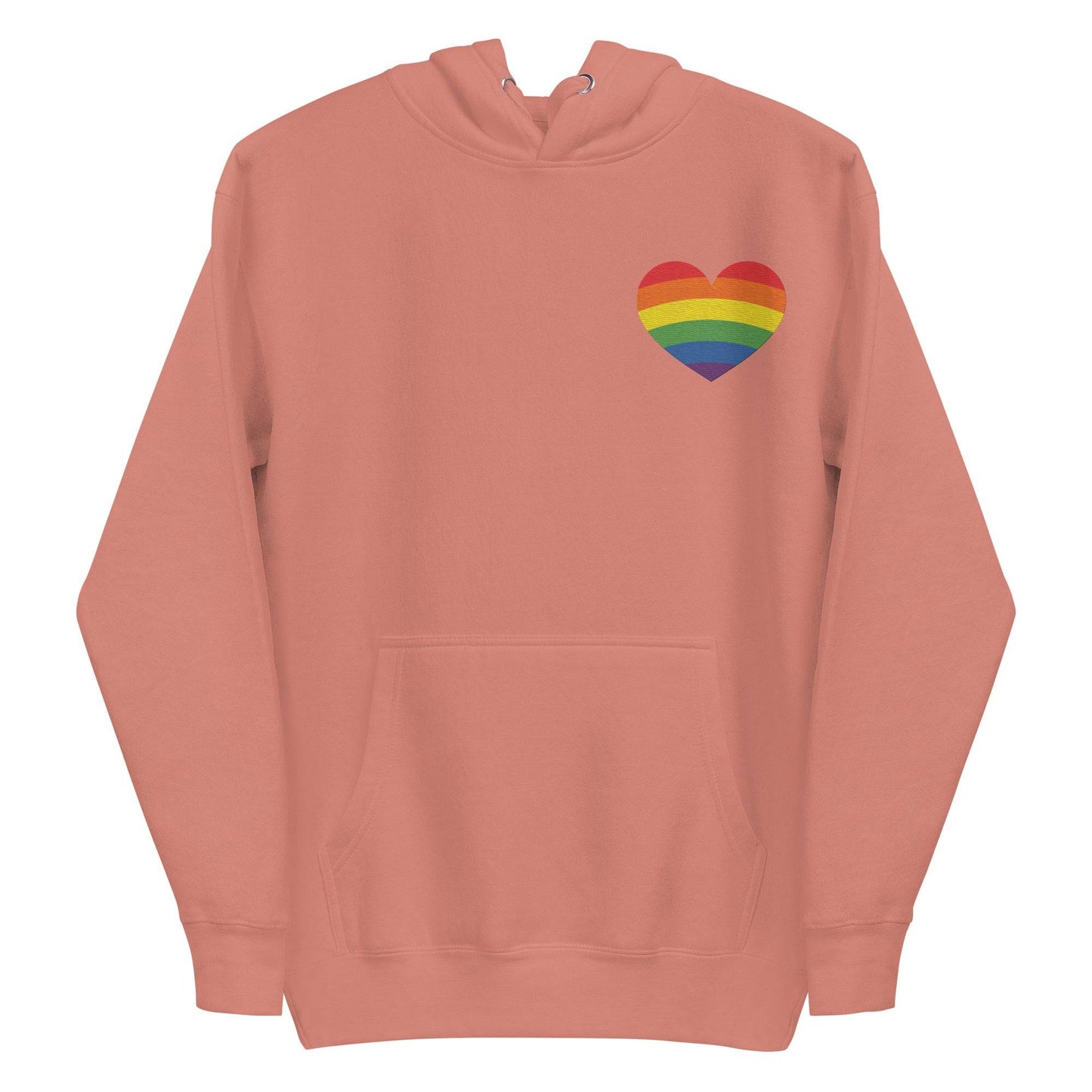 The Rainbow Heart Hoodie by Pridelity, in black, showcases a rainbow-striped heart on the left chest to celebrate LGBTQ+ pride.